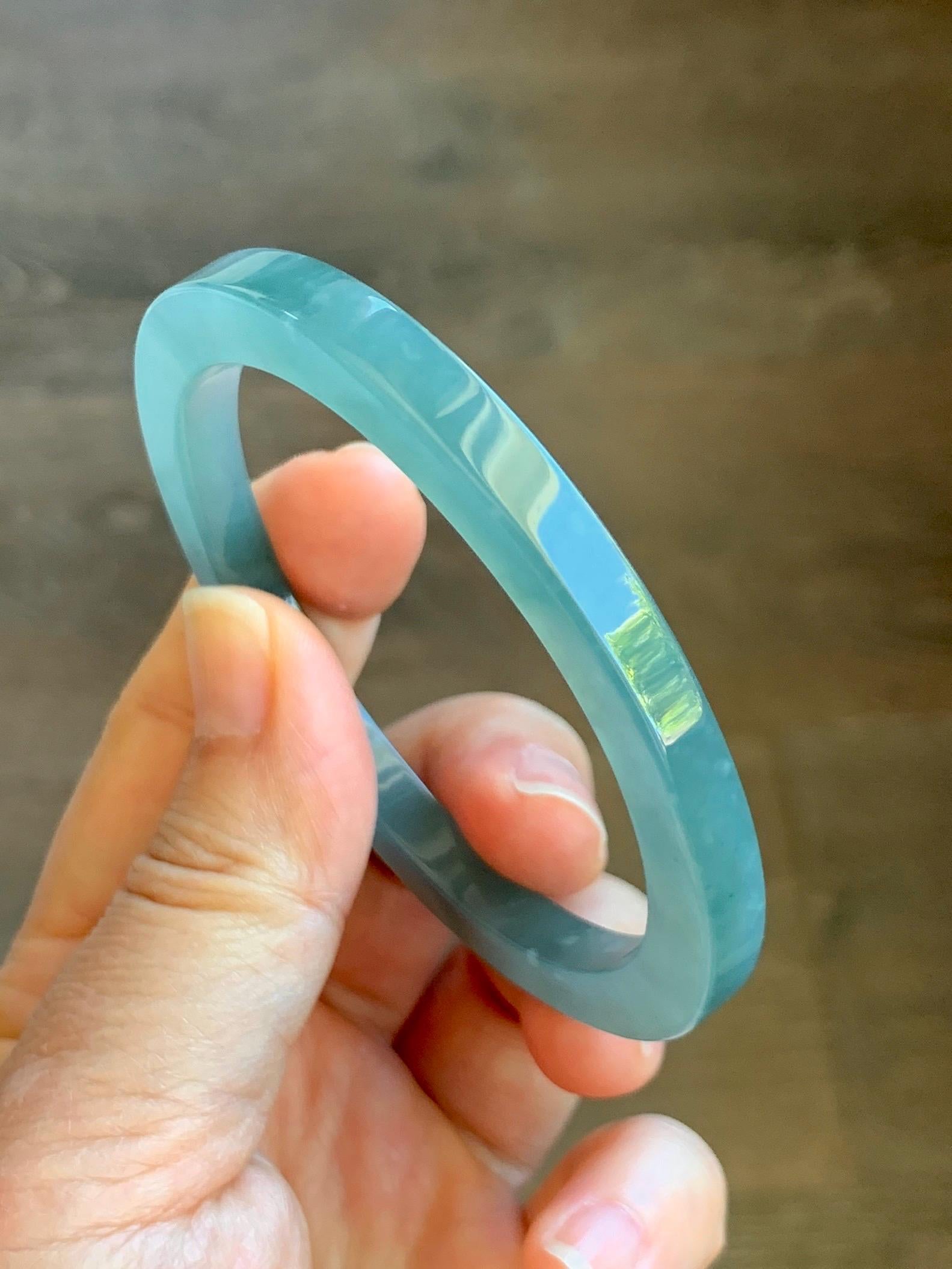 Certified Natural Guatemalan Icy Translucent Gelatinous Teal Blue Jade Jadeite Square Edged Bangle Bracelet 57.3mm 7” 28g 天然冰胶危蓝翡翠方镯手镯 8794