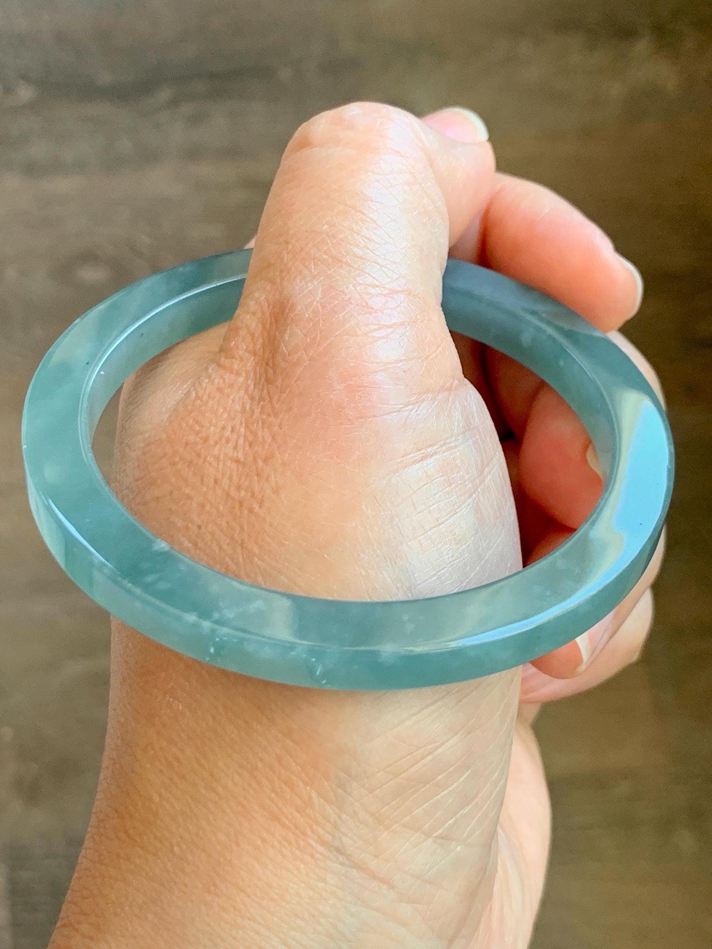 Certified Natural Guatemalan Icy Translucent Gelatinous Teal Blue Jade Jadeite Square Edged Bangle Bracelet 57.3mm 7” 28g 天然冰胶危蓝翡翠方镯手镯 8794