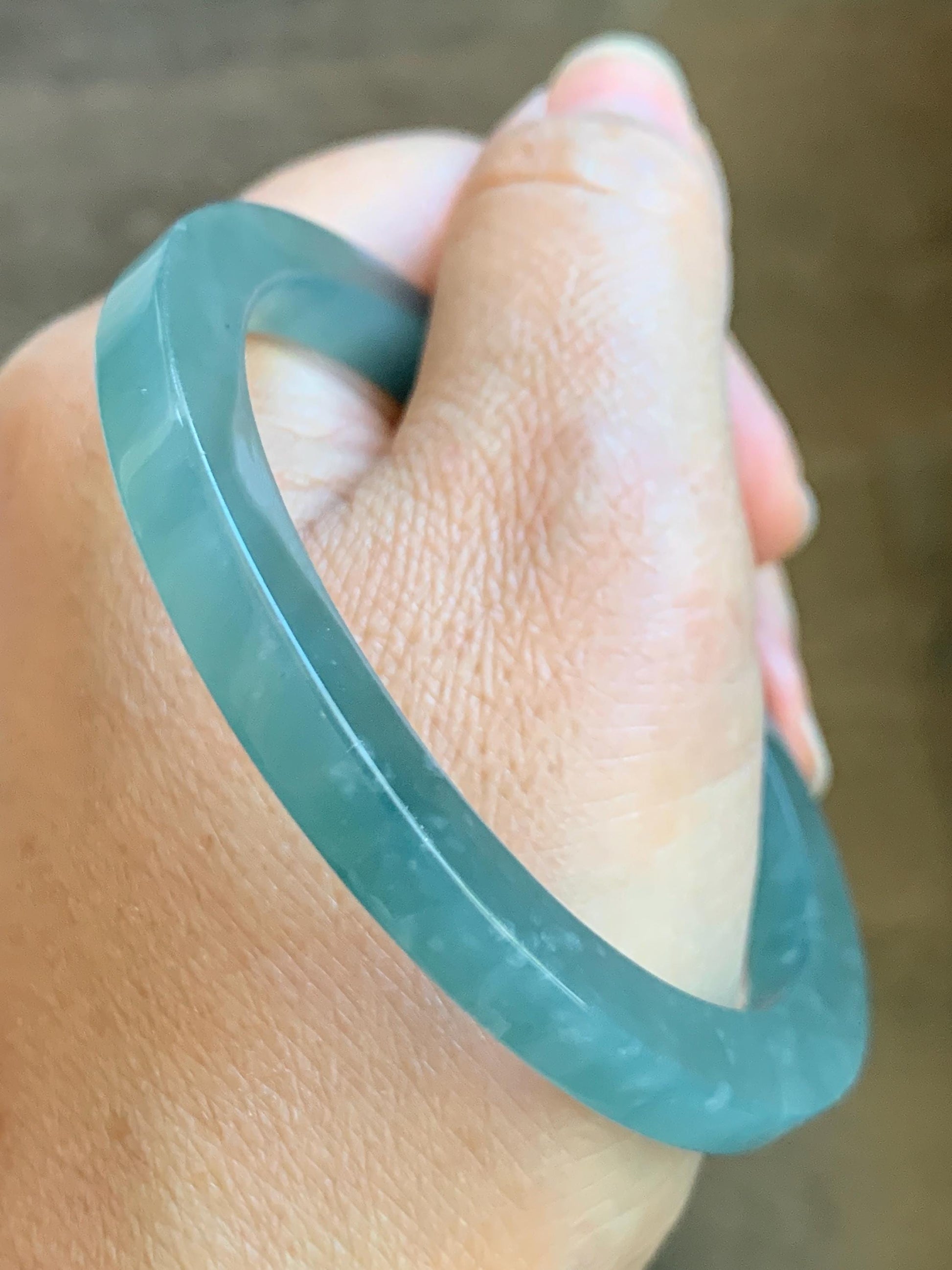 Certified Natural Guatemalan Icy Translucent Gelatinous Teal Blue Jade Jadeite Square Edged Bangle Bracelet 57.3mm 7” 28g 天然冰胶危蓝翡翠方镯手镯 8794