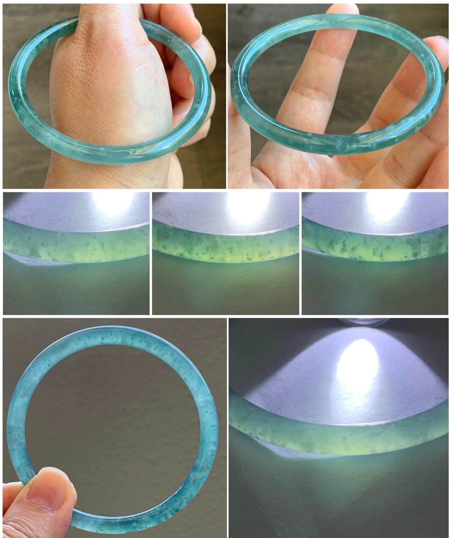 Certified Natural Grade A Guatemalan Icy Highly Translucent Light Green Jade Jadeite Slim Bangle 61.7mm 7.6” 20.42g 天然冰胶危晴绿翡翠细圆条手镯 8789