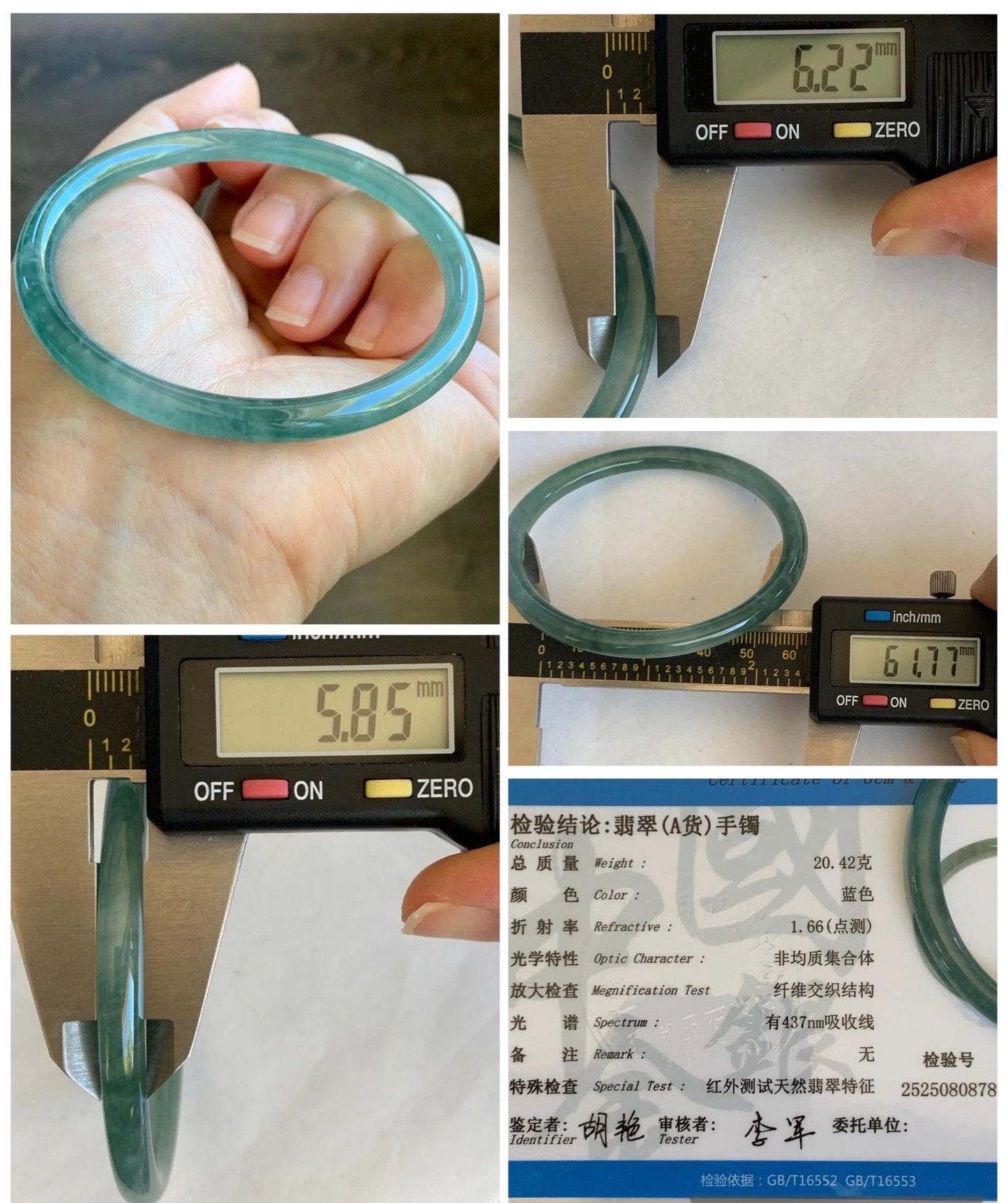 Certified Natural Grade A Guatemalan Icy Highly Translucent Light Green Jade Jadeite Slim Bangle 61.7mm 7.6” 20.42g 天然冰胶危晴绿翡翠细圆条手镯 8789