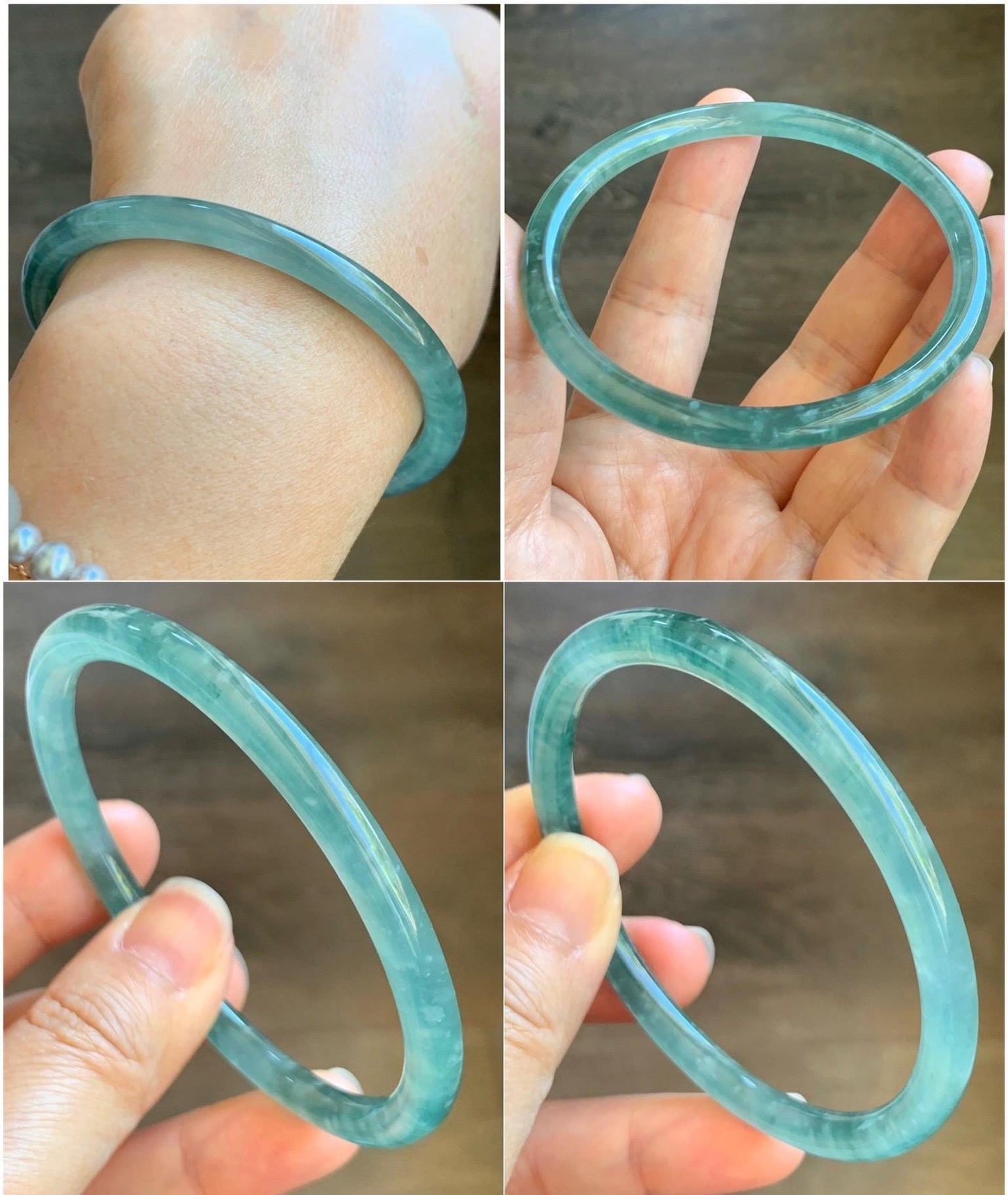 Certified Natural Grade A Guatemalan Icy Highly Translucent Light Green Jade Jadeite Slim Bangle 61.7mm 7.6” 20.42g 天然冰胶危晴绿翡翠细圆条手镯 8789
