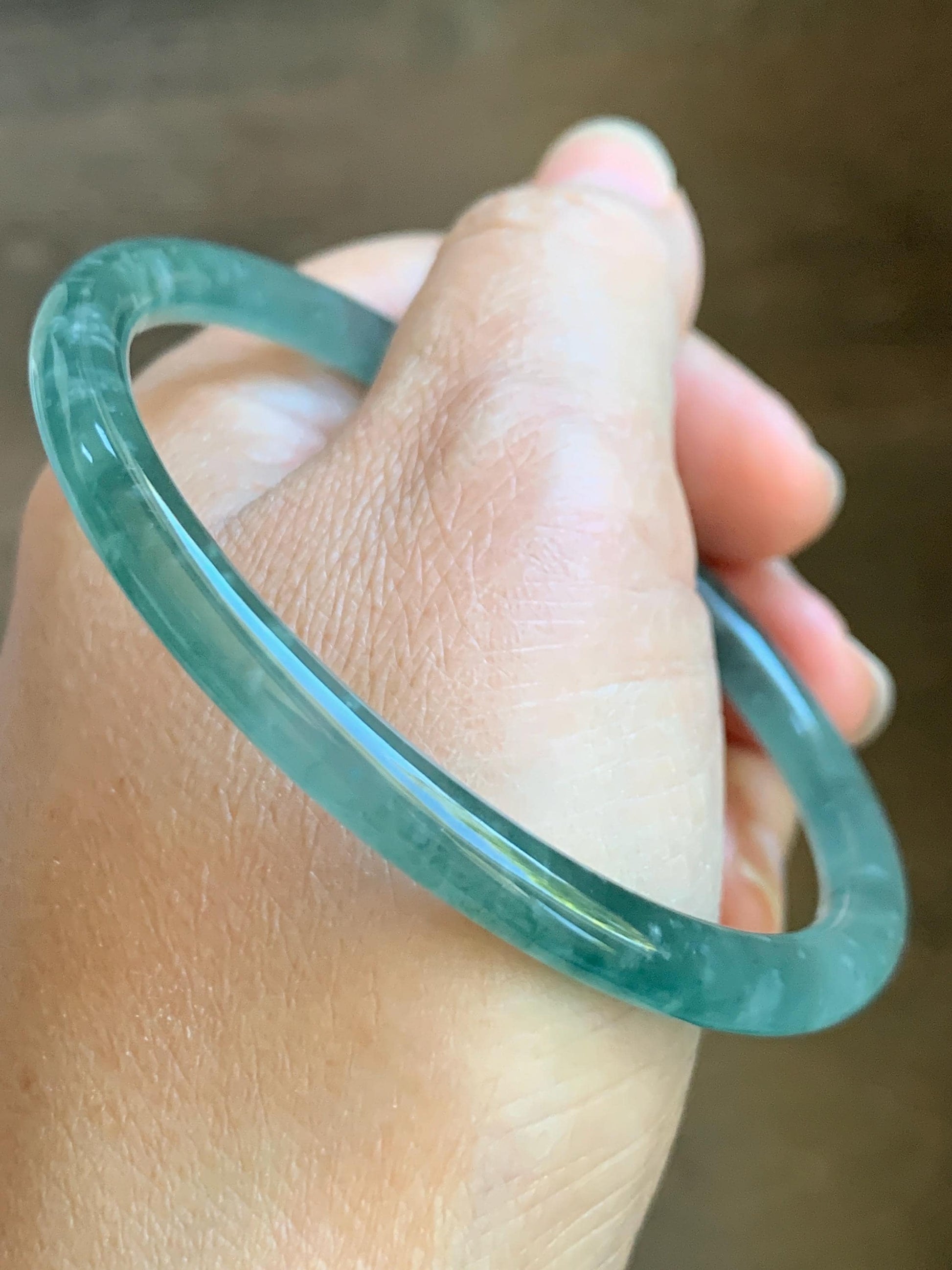 Certified Natural Grade A Guatemalan Icy Highly Translucent Light Green Jade Jadeite Slim Bangle 61.7mm 7.6” 20.42g 天然冰胶危晴绿翡翠细圆条手镯 8789
