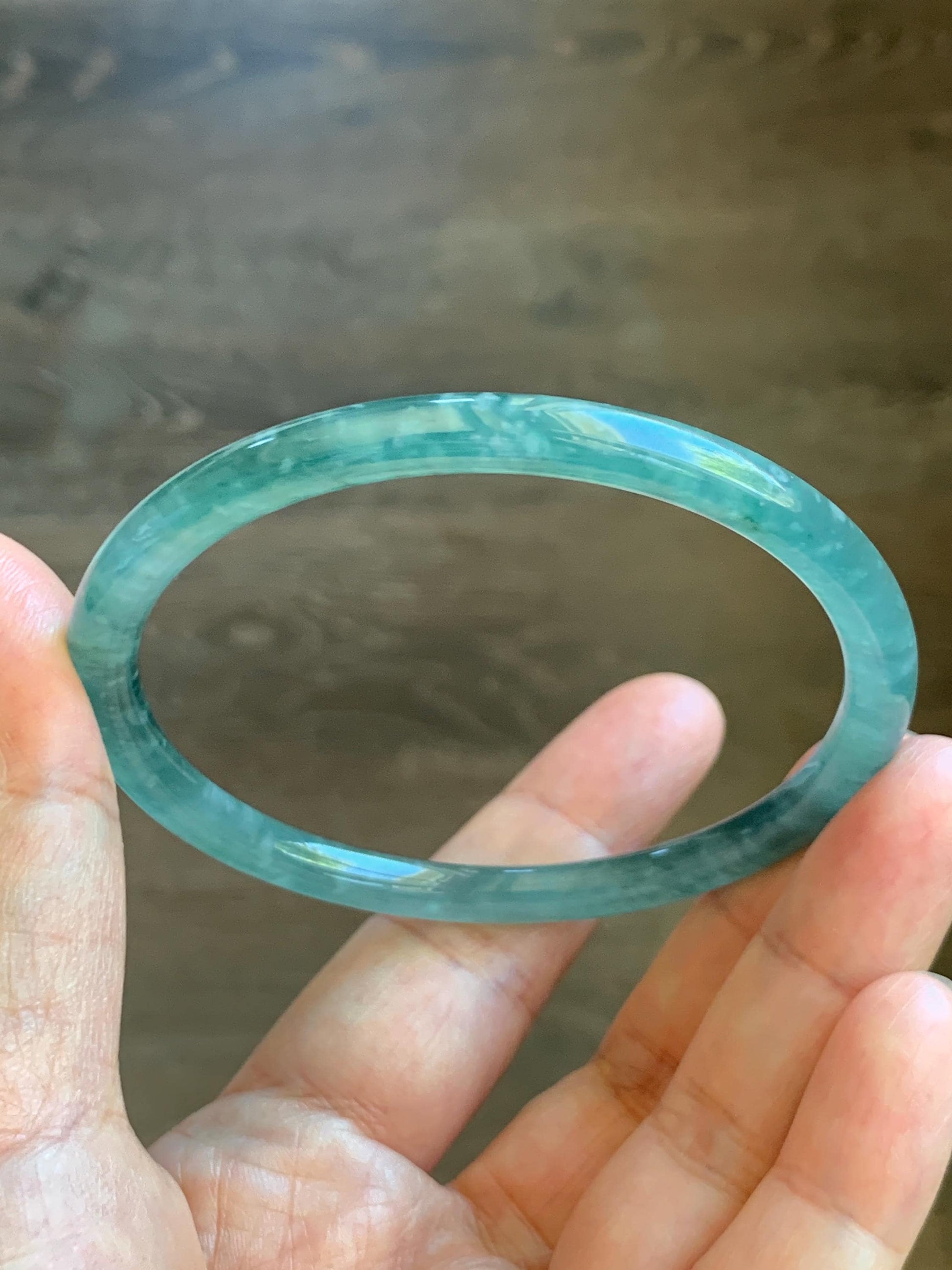 Certified Natural Grade A Guatemalan Icy Highly Translucent Light Green Jade Jadeite Slim Bangle 61.7mm 7.6” 20.42g 天然冰胶危晴绿翡翠细圆条手镯 8789