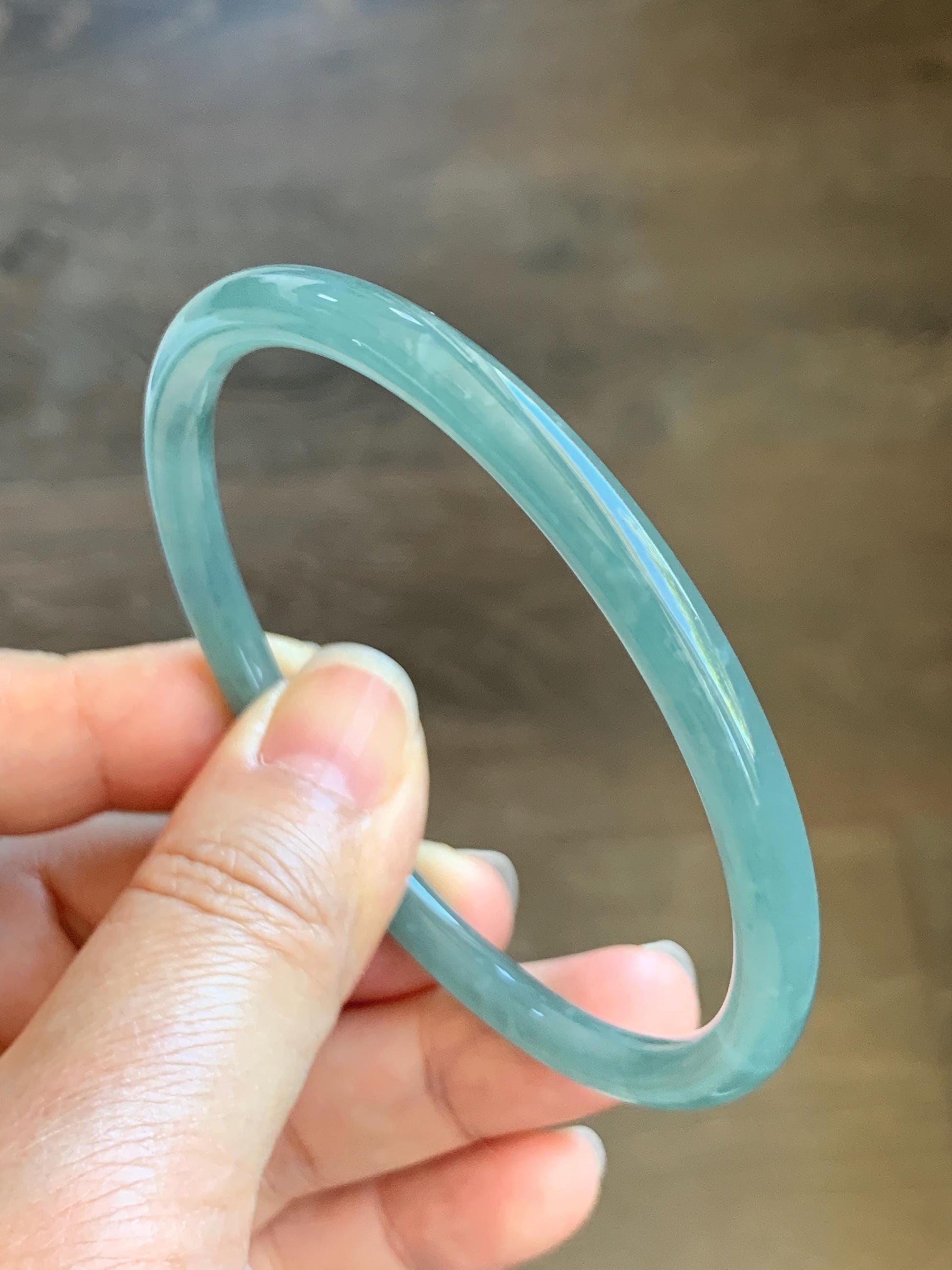 Certified Natural Grade A Guatemalan Icy Translucent Teal Jade Jadeite Slim Bangle 62.3mm 7.7” 18.94g 天然冰危蓝翡翠细圆条手镯 8801