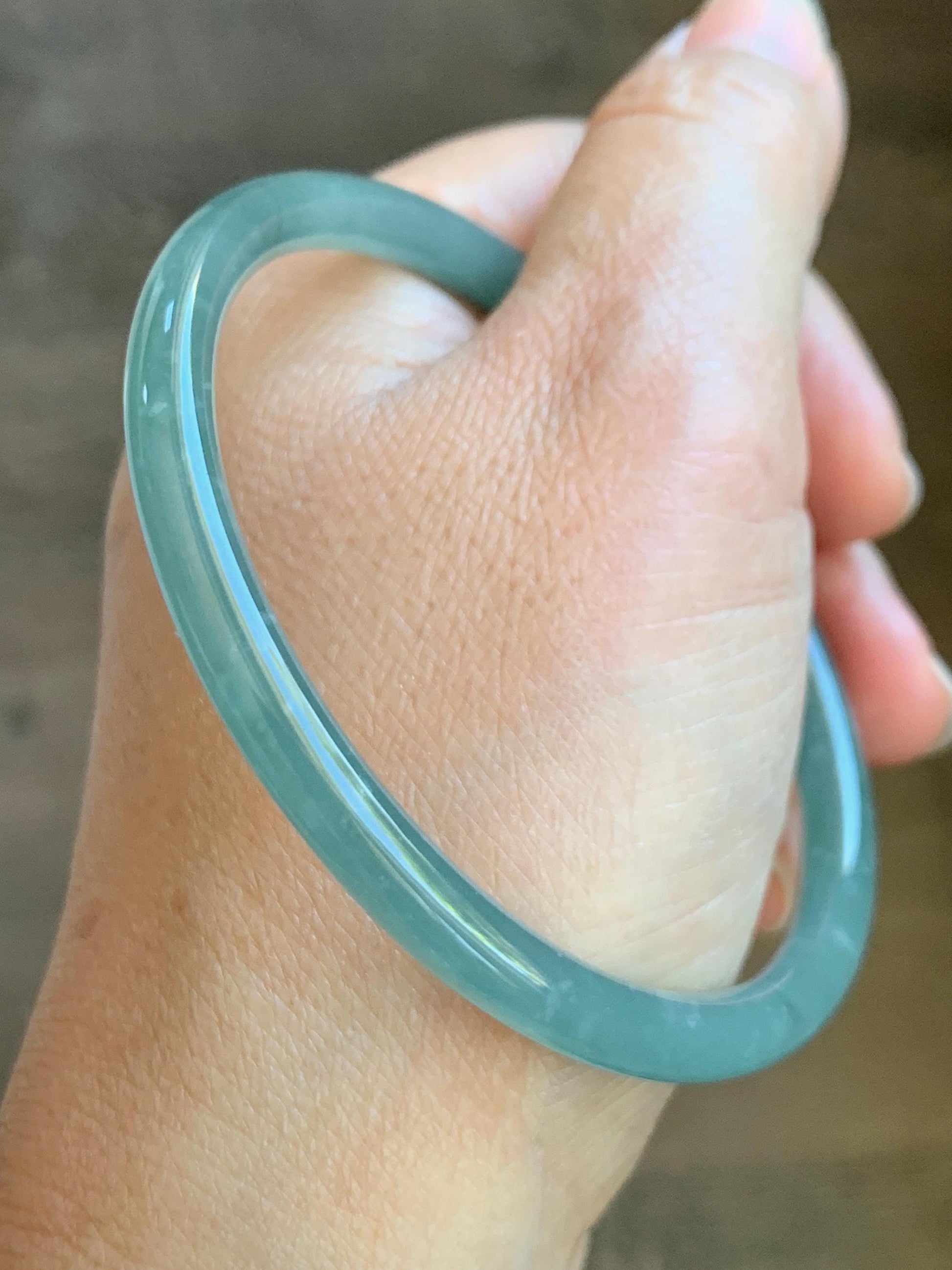 Certified Natural Grade A Guatemalan Icy Translucent Teal Jade Jadeite Slim Bangle 62.3mm 7.7” 18.94g 天然冰危蓝翡翠细圆条手镯 8801