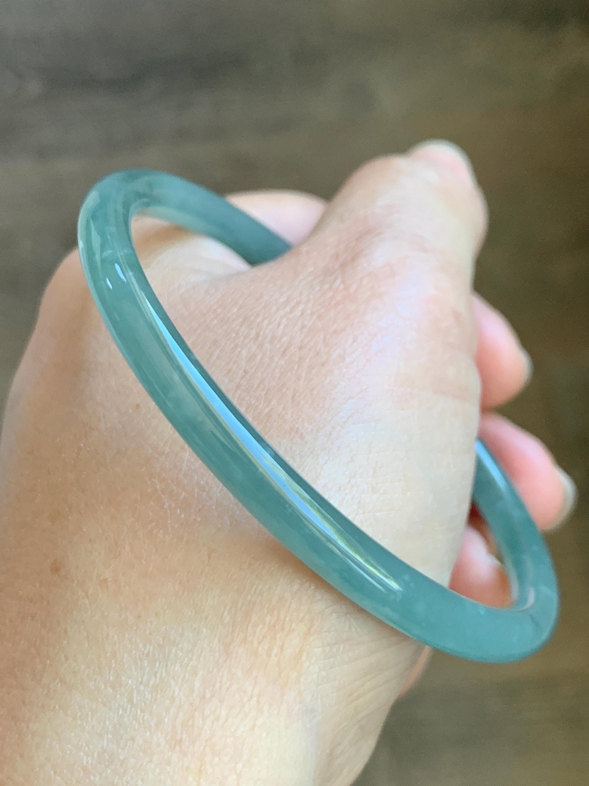 Certified Natural Grade A Guatemalan Icy Translucent Teal Jade Jadeite Slim Bangle 62.3mm 7.7” 18.94g 天然冰危蓝翡翠细圆条手镯 8801