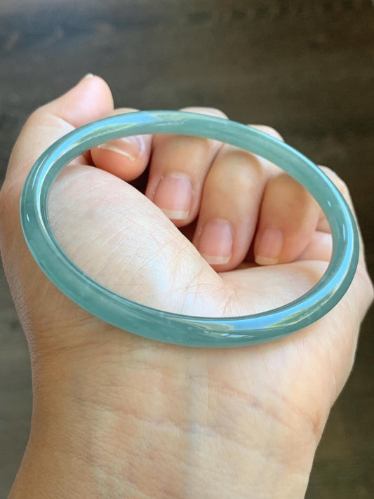 Certified Natural Grade A Guatemalan Icy Translucent Teal Jade Jadeite Slim Bangle 62.3mm 7.7” 18.94g 天然冰危蓝翡翠细圆条手镯 8801
