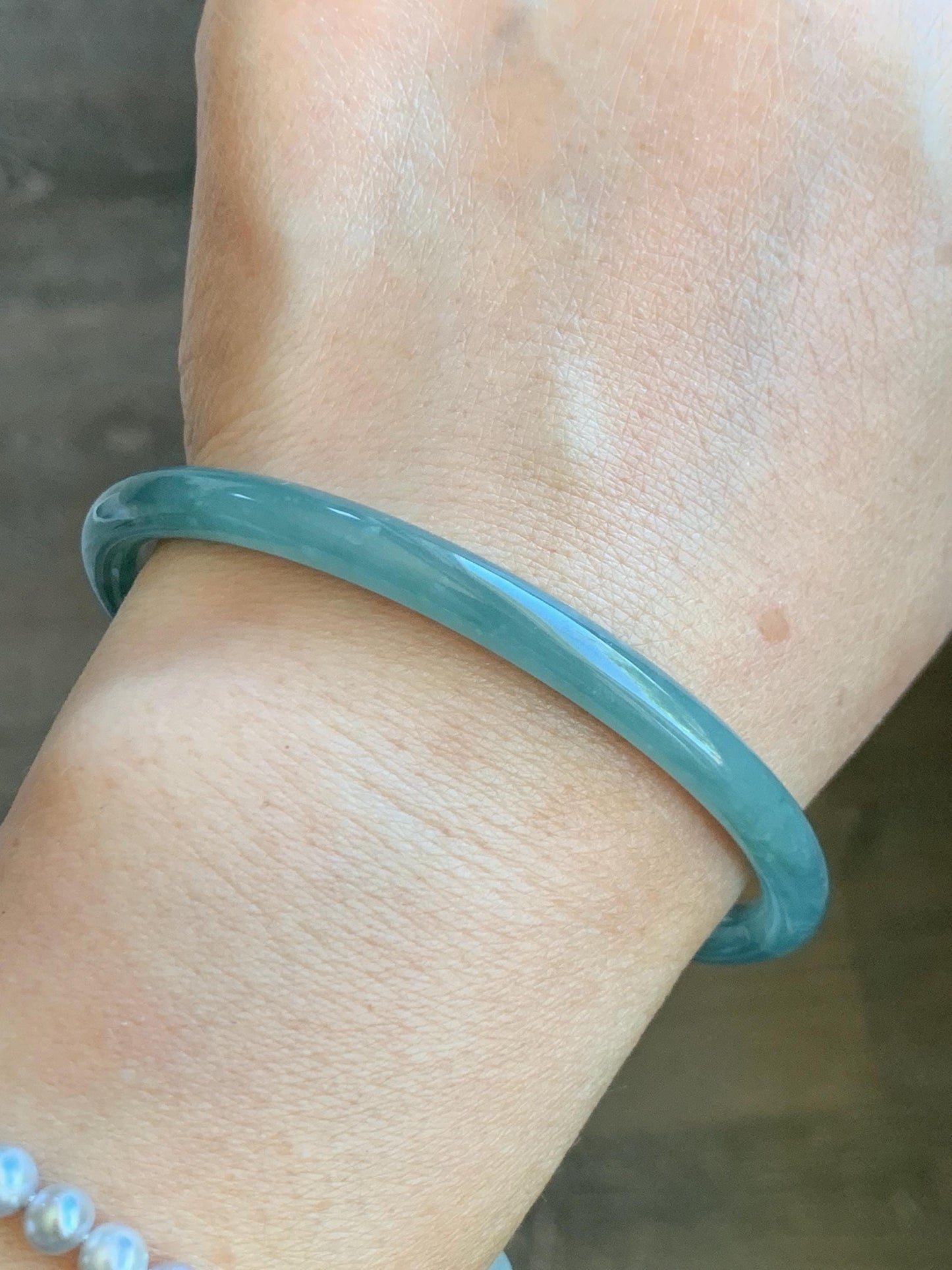 Certified Natural Grade A Guatemalan Icy Translucent Teal Jade Jadeite Slim Bangle 62.3mm 7.7” 18.94g 天然冰危蓝翡翠细圆条手镯 8801