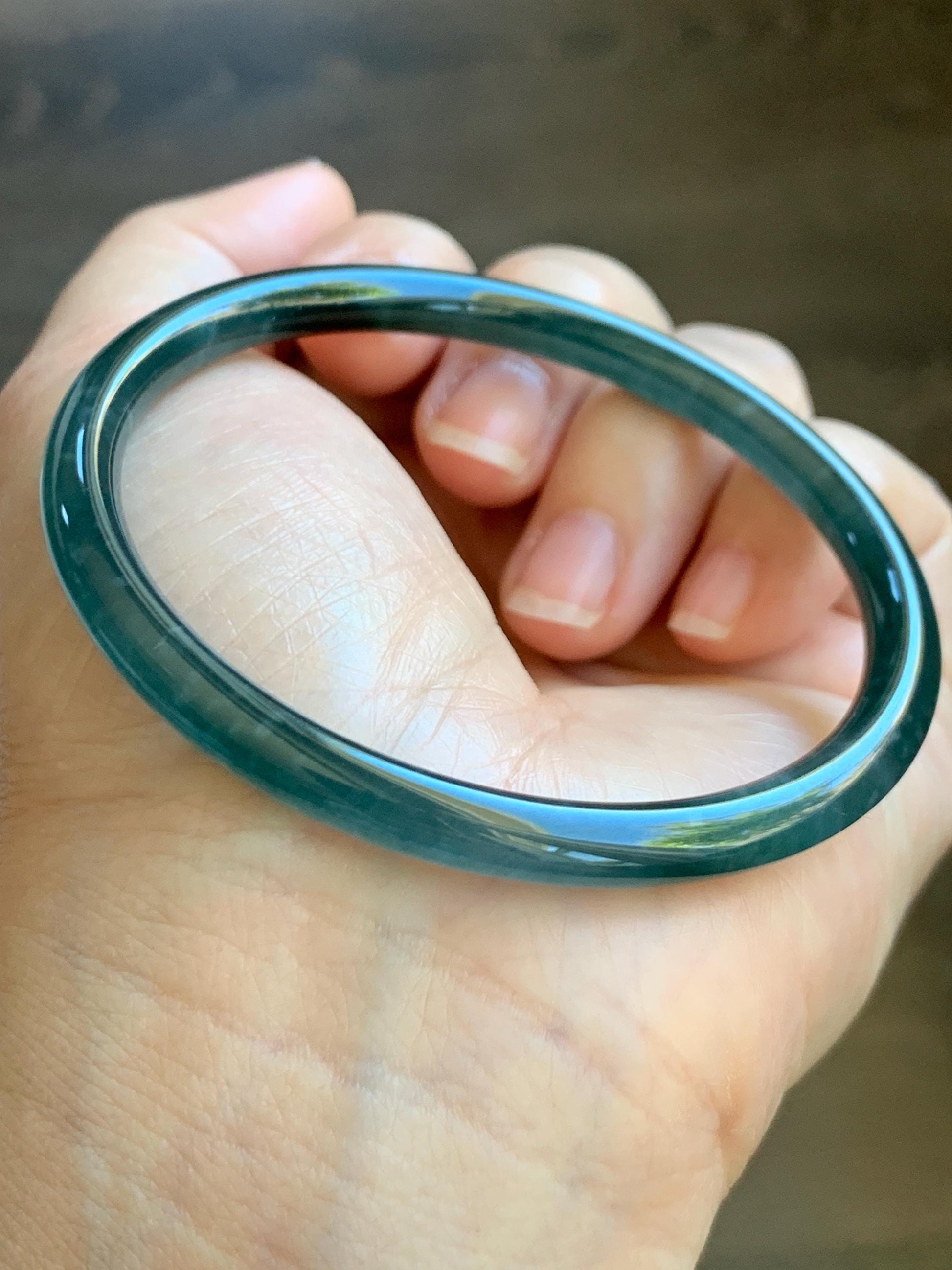 Certified Natural Grade A Guatemalan Icy Highly Translucent Dark Aegean Blue Jade Jadeite Slim Bangle 59.8mm 7.4” 18.99g 天然冰胶危深蓝翡翠细圆条手镯 8810