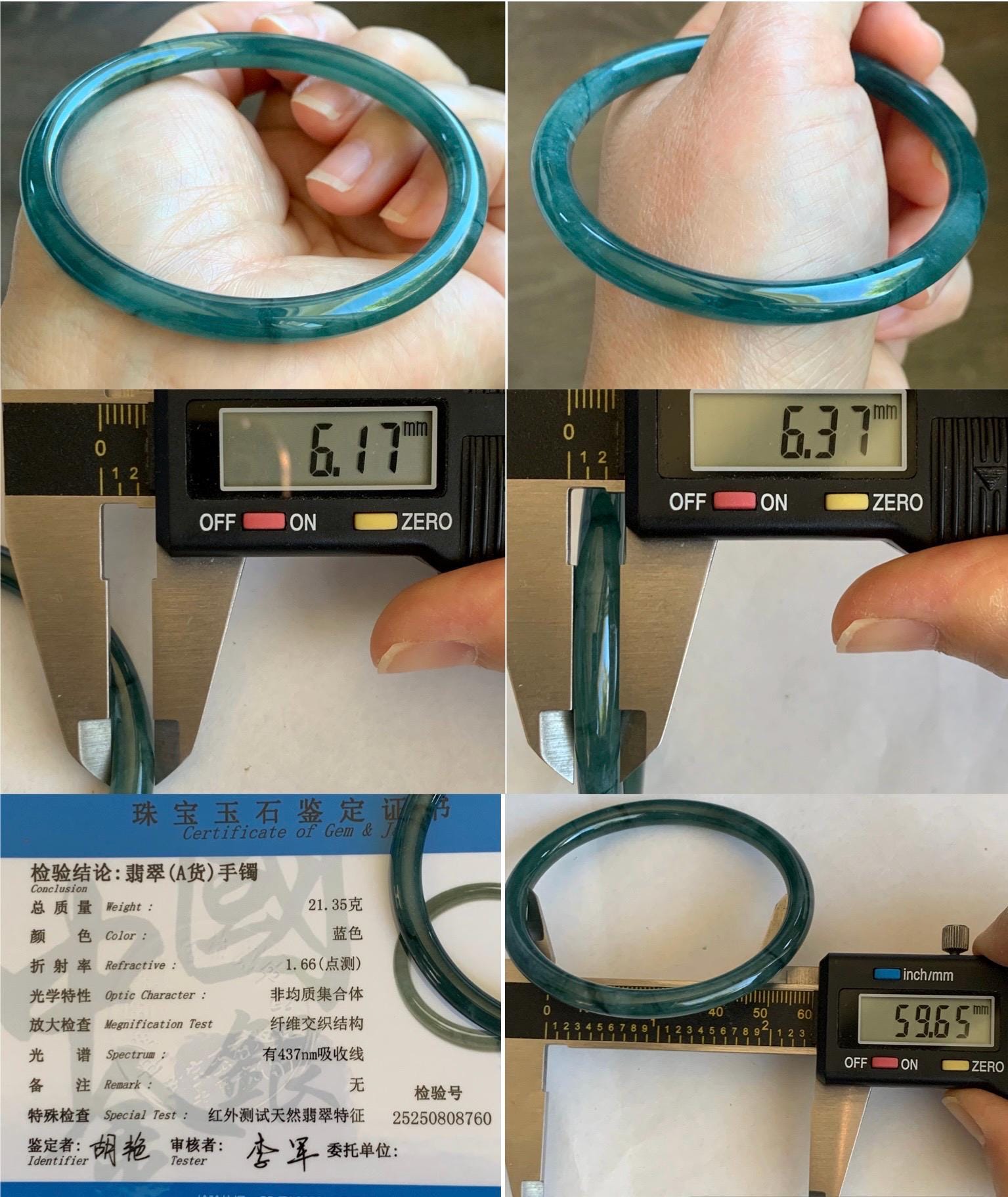 Certified Natural Grade A Guatemalan Icy Highly Translucent Dark Teal Blue Jade Jadeite Slim Bangle 59.6mm 7.37” 21g 天然冰胶危深蓝翡翠细圆条手镯 8760