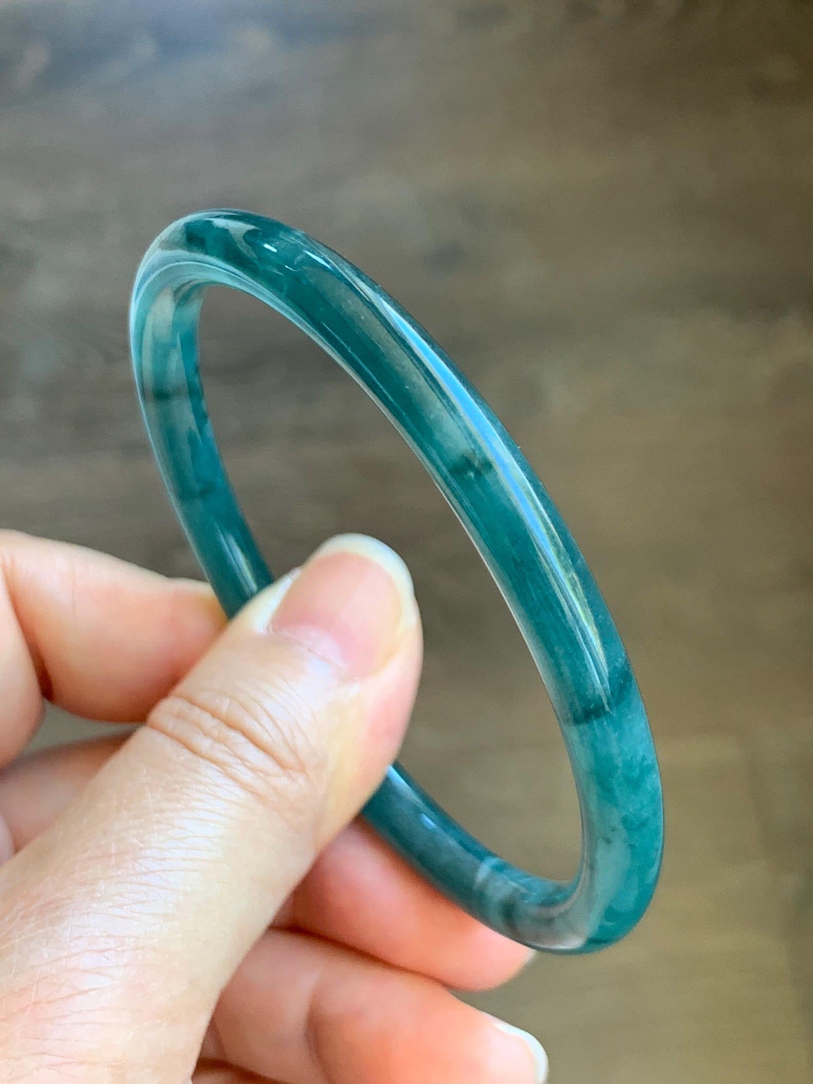 Certified Natural Grade A Guatemalan Icy Highly Translucent Dark Teal Blue Jade Jadeite Slim Bangle 59.6mm 7.37” 21g 天然冰胶危深蓝翡翠细圆条手镯 8760
