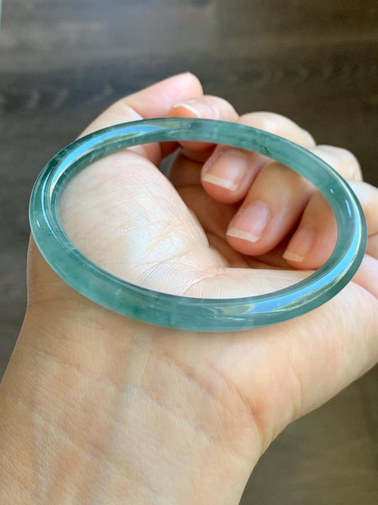 Certified Natural Grade A Guatemalan Icy Highly Translucent Light Green Jade Jadeite Slim Bangle 61.9mm 7.65” 22g 天然冰胶危晴绿翡翠细圆条手镯 8809