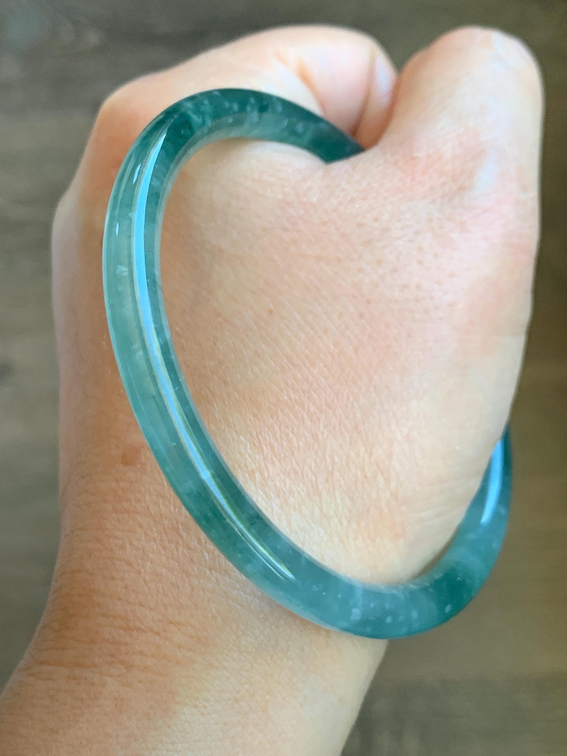Certified Natural Grade A Guatemalan Icy Highly Translucent Light Green Jade Jadeite Slim Bangle 61.9mm 7.65” 22g 天然冰胶危晴绿翡翠细圆条手镯 8809