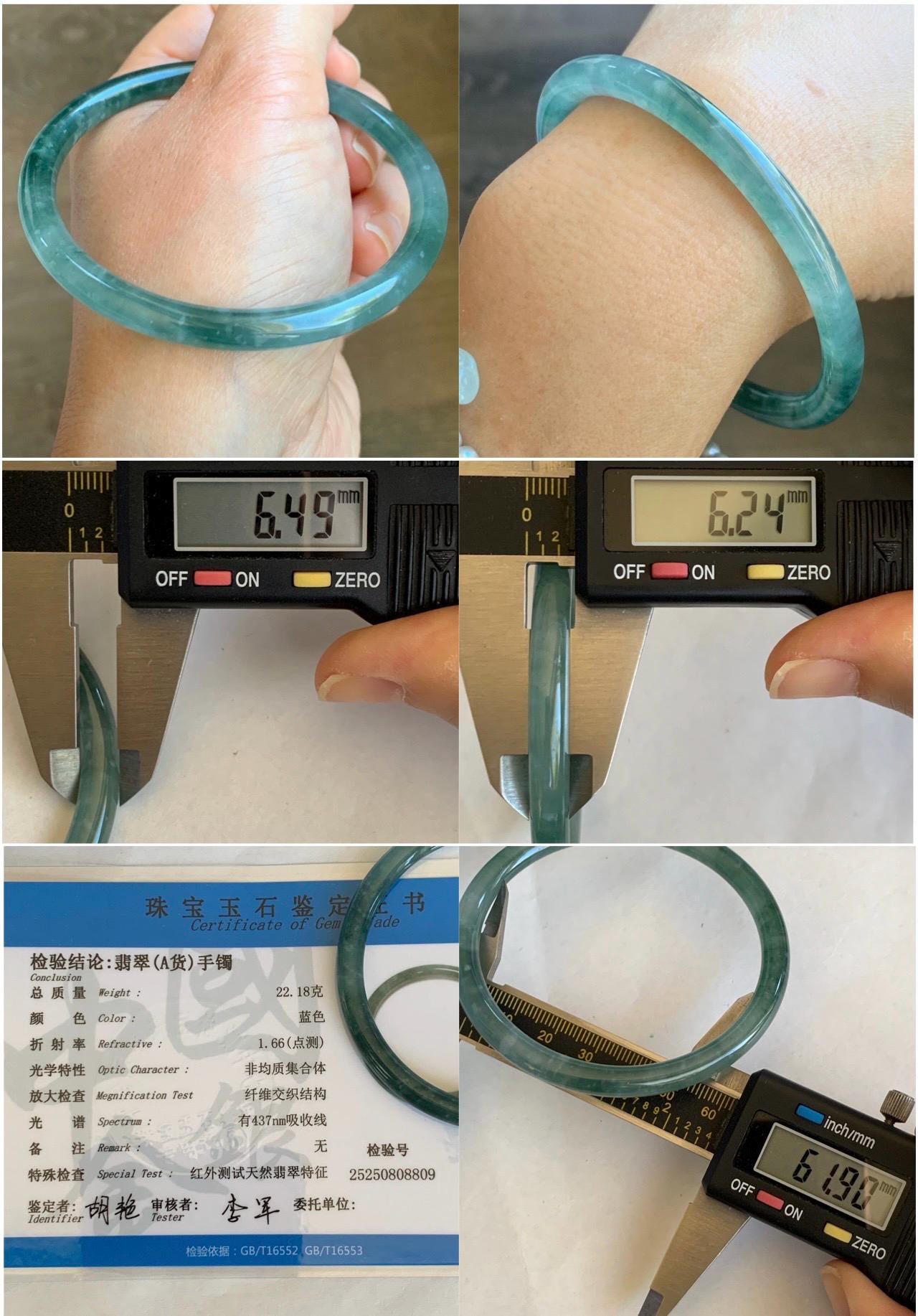 Certified Natural Grade A Guatemalan Icy Highly Translucent Light Green Jade Jadeite Slim Bangle 61.9mm 7.65” 22g 天然冰胶危晴绿翡翠细圆条手镯 8809