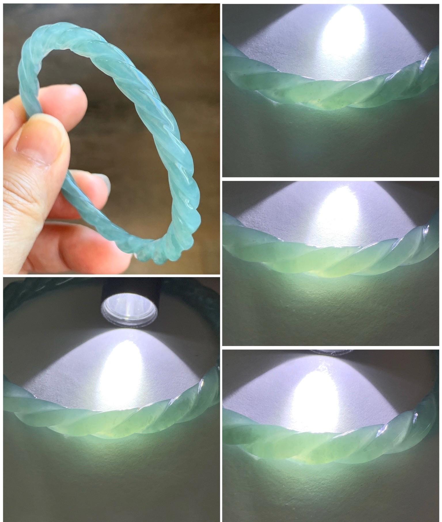 Certified Natural Grade A Guatemalan Icy Translucent Gelatinous Light Teal Jade Jadeite Carved Braid Bangle 57.2mm 7” 天然冰胶危浅晴蓝翡翠细麻花手镯 8793