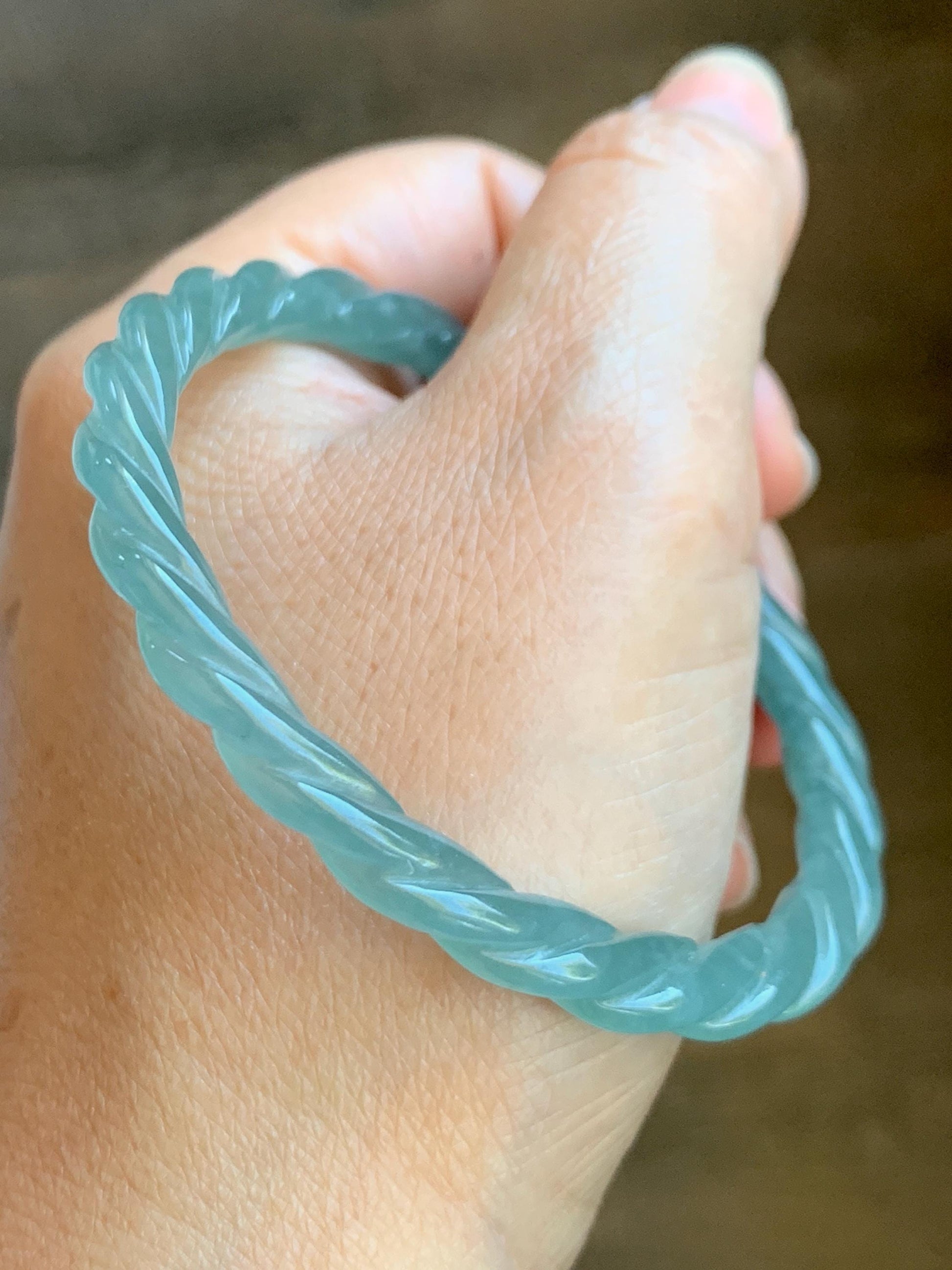 Certified Natural Grade A Guatemalan Icy Translucent Gelatinous Light Teal Jade Jadeite Carved Braid Bangle 57.2mm 7” 天然冰胶危浅晴蓝翡翠细麻花手镯 8793