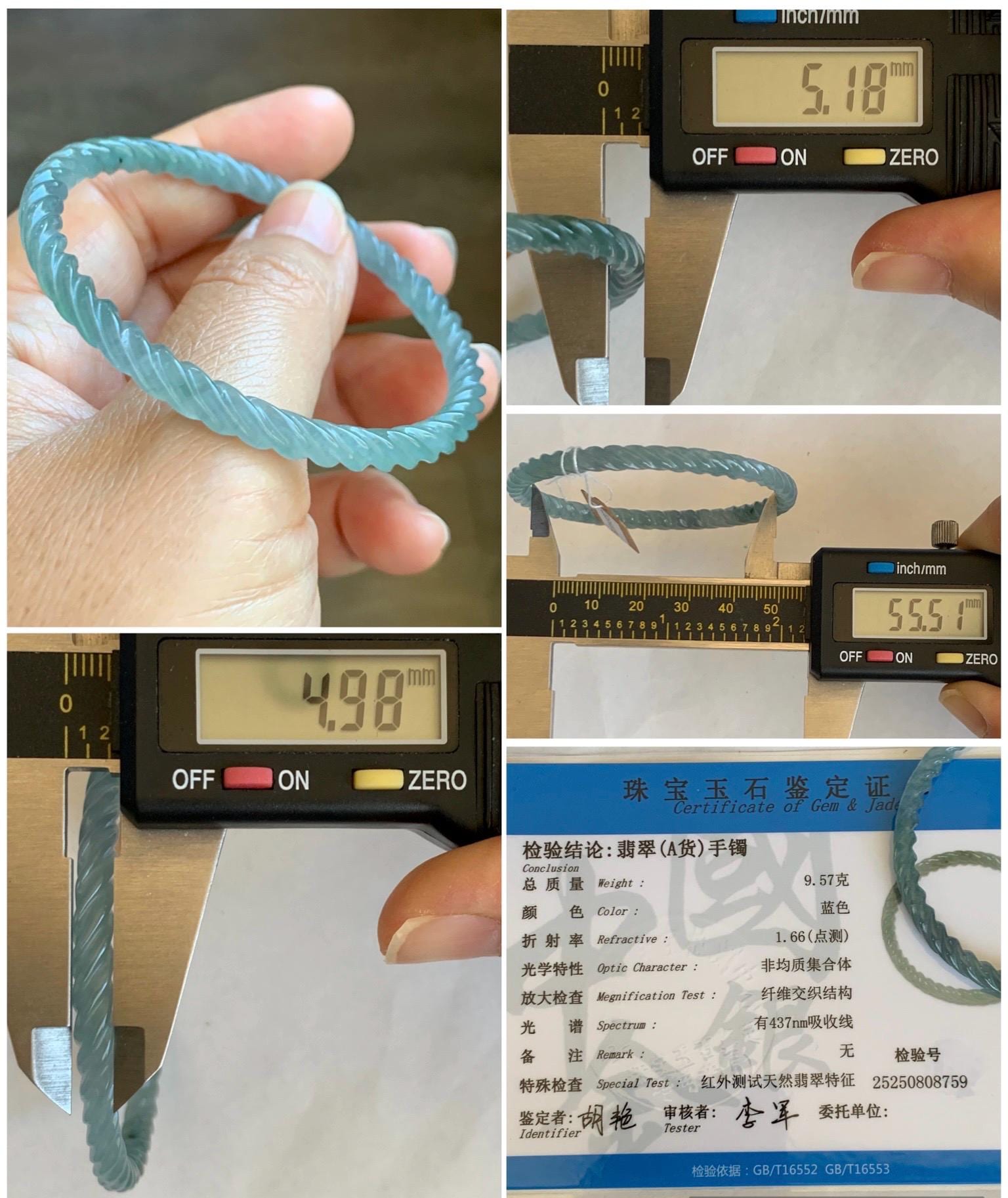 Certified Natural Grade A Guatemalan Icy Translucent Gelatinous Light Blue Jade Jadeite Carved Braid Bangle 55.5mm 6.86” 天然冰胶危浅蓝翡翠细麻花手镯 8759
