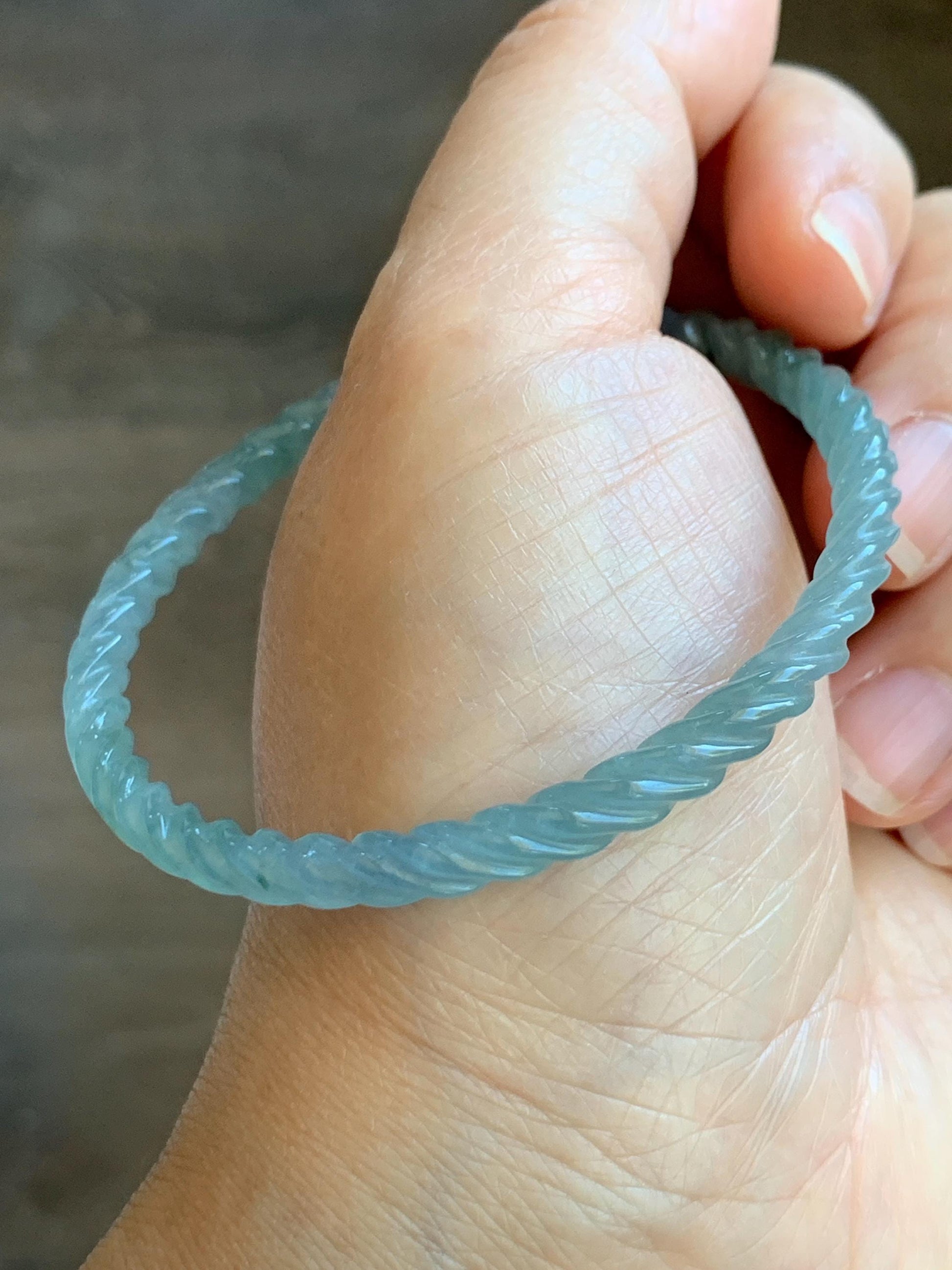 Certified Natural Grade A Guatemalan Icy Translucent Gelatinous Light Blue Jade Jadeite Carved Braid Bangle 55.5mm 6.86” 天然冰胶危浅蓝翡翠细麻花手镯 8759