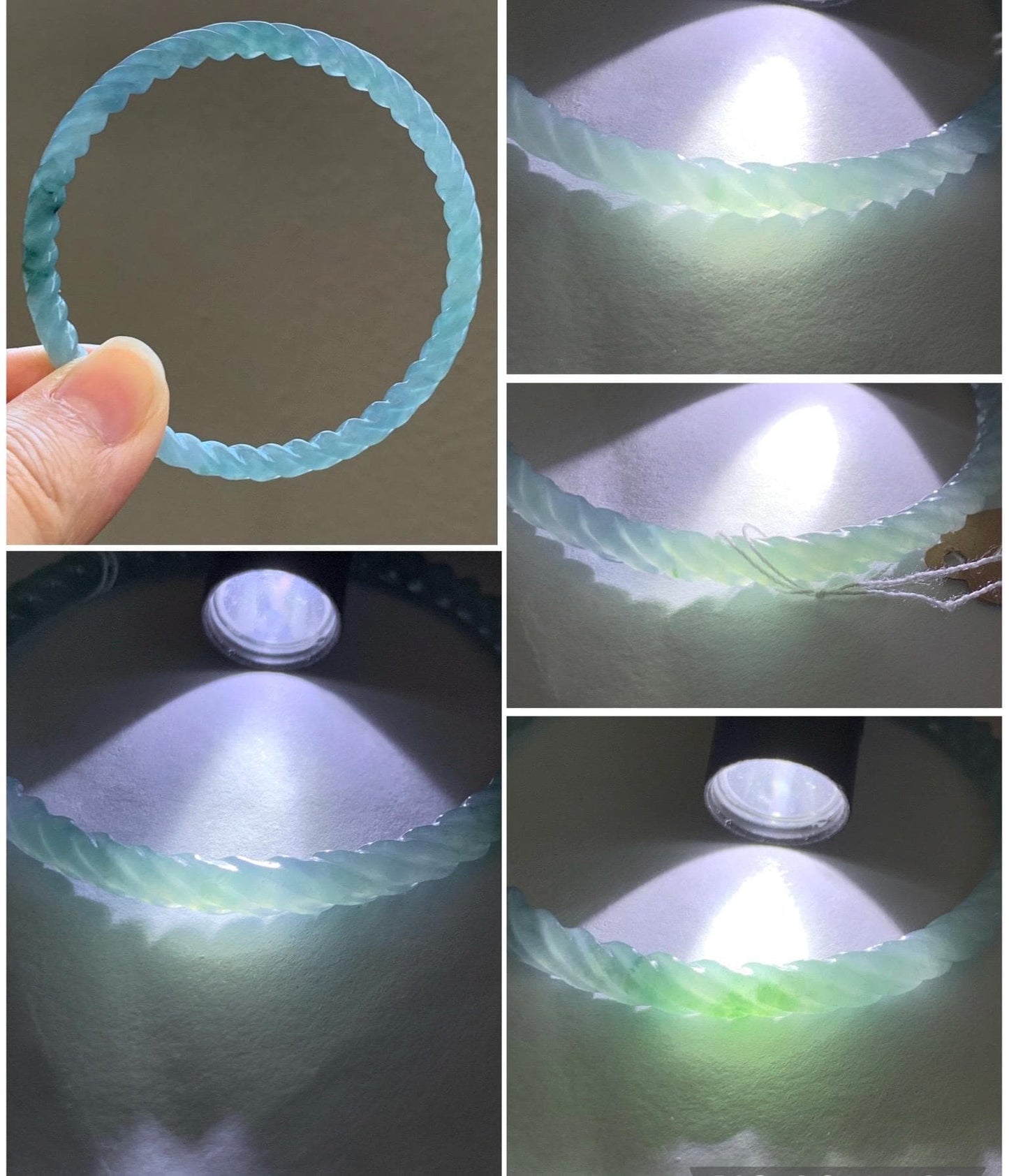 Certified Natural Grade A Guatemalan Icy Translucent Gelatinous Light Blue Jade Jadeite Carved Braid Bangle 55.5mm 6.86” 天然冰胶危浅蓝翡翠细麻花手镯 8759