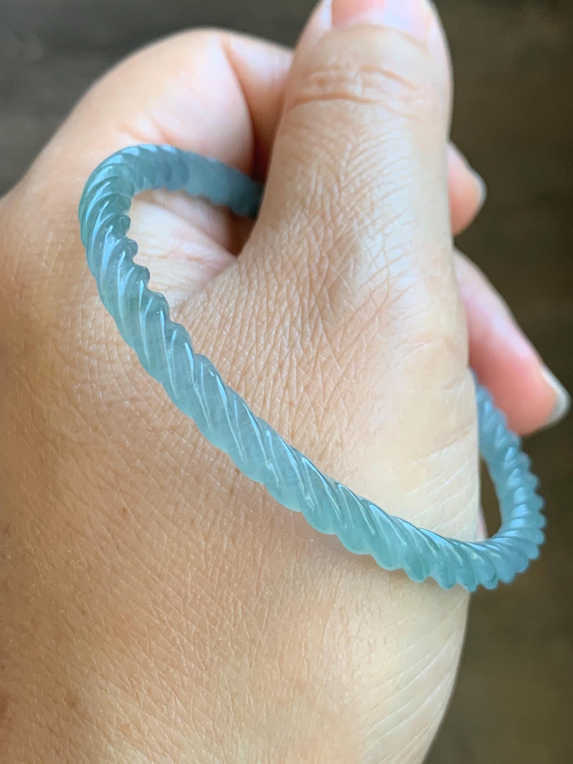 Certified Natural Grade A Guatemalan Icy Translucent Gelatinous Light Blue Jade Jadeite Carved Braid Bangle 55.5mm 6.86” 天然冰胶危浅蓝翡翠细麻花手镯 8759