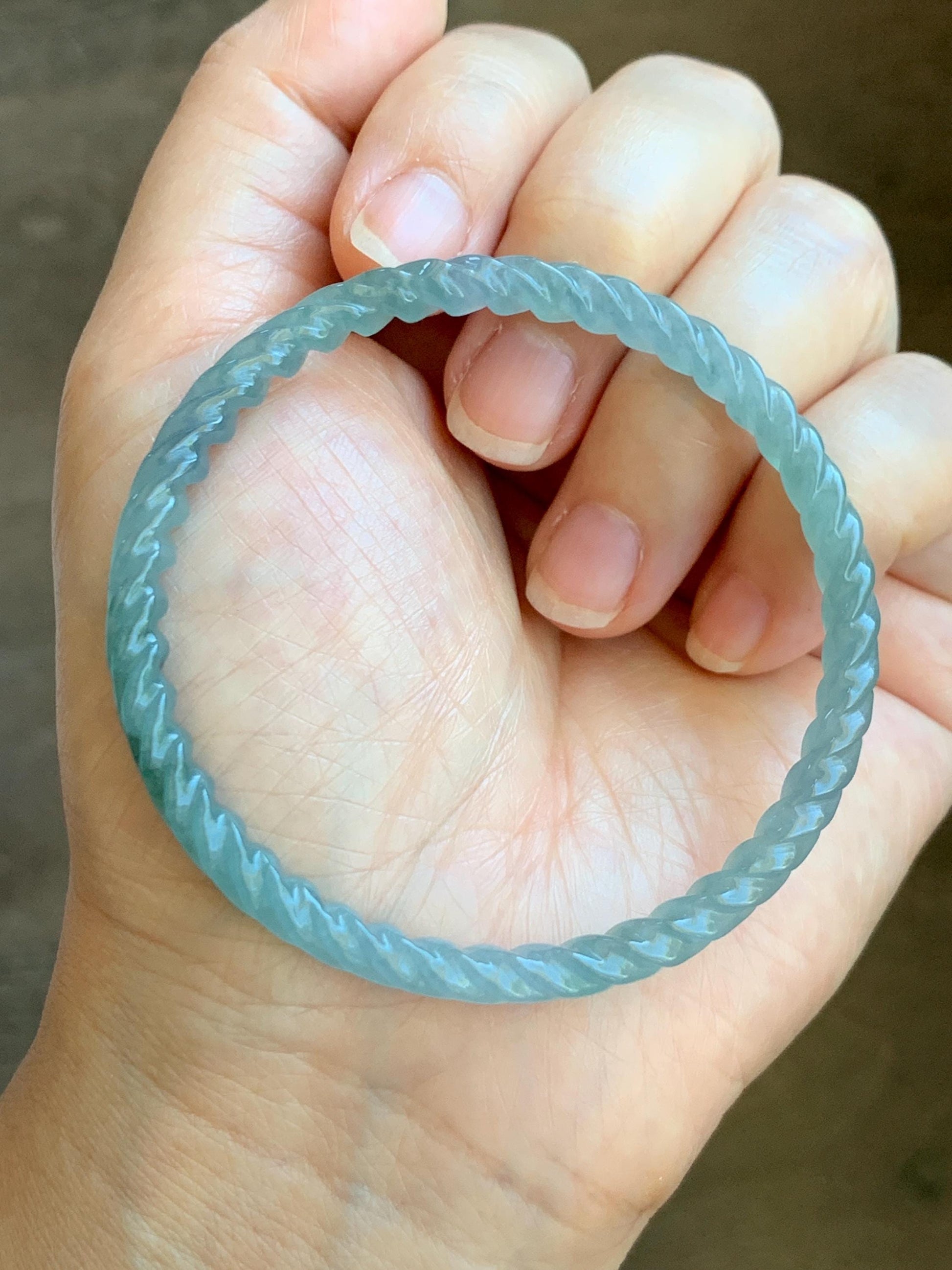Certified Natural Grade A Guatemalan Icy Translucent Gelatinous Light Blue Jade Jadeite Carved Braid Bangle 55.5mm 6.86” 天然冰胶危浅蓝翡翠细麻花手镯 8759