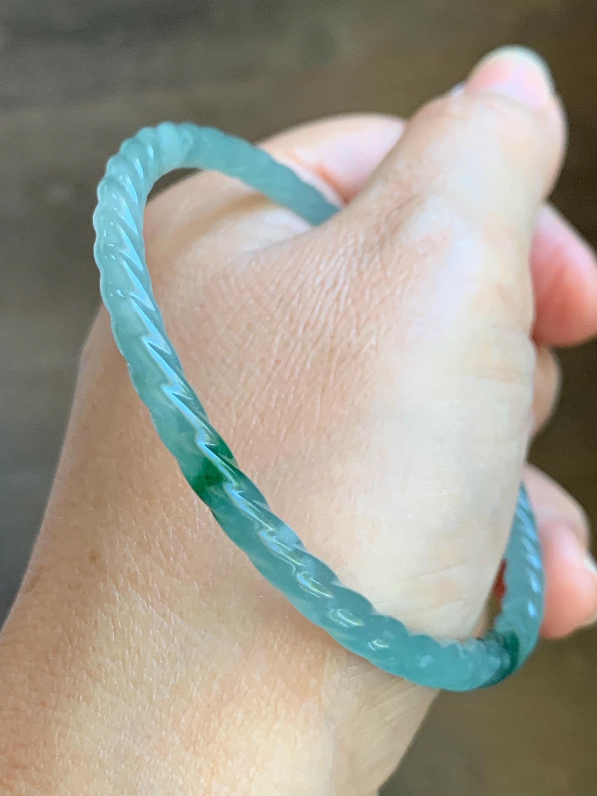 Certified Natural Grade A Guatemalan Icy Translucent Gelatinous Light Blue Jade Jadeite Carved Braid Bangle 61.1mm 7.56” 天然冰胶危浅蓝翡翠细麻花手镯 8756