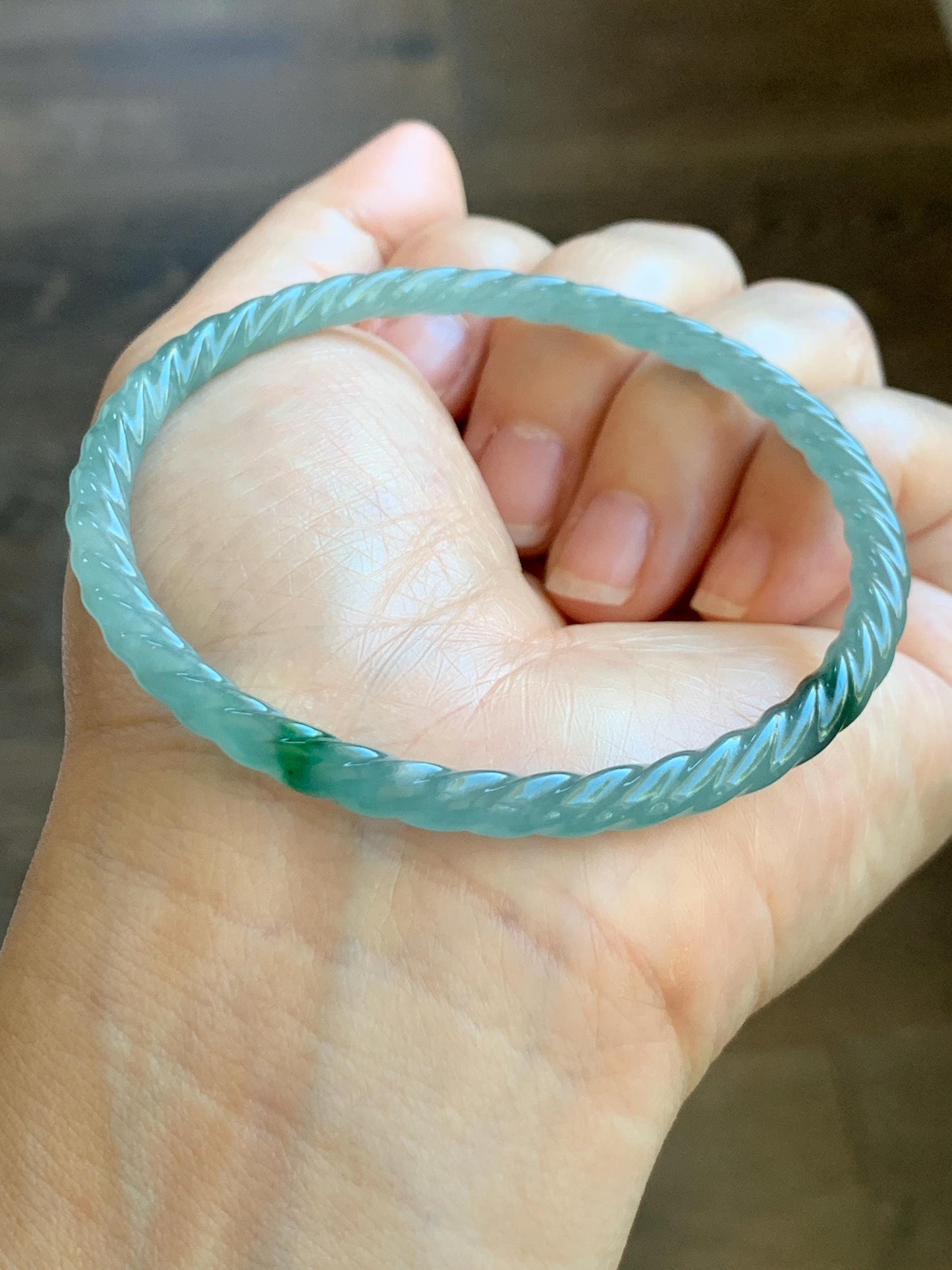Certified Natural Grade A Guatemalan Icy Translucent Gelatinous Light Blue Jade Jadeite Carved Braid Bangle 61.1mm 7.56” 天然冰胶危浅蓝翡翠细麻花手镯 8756