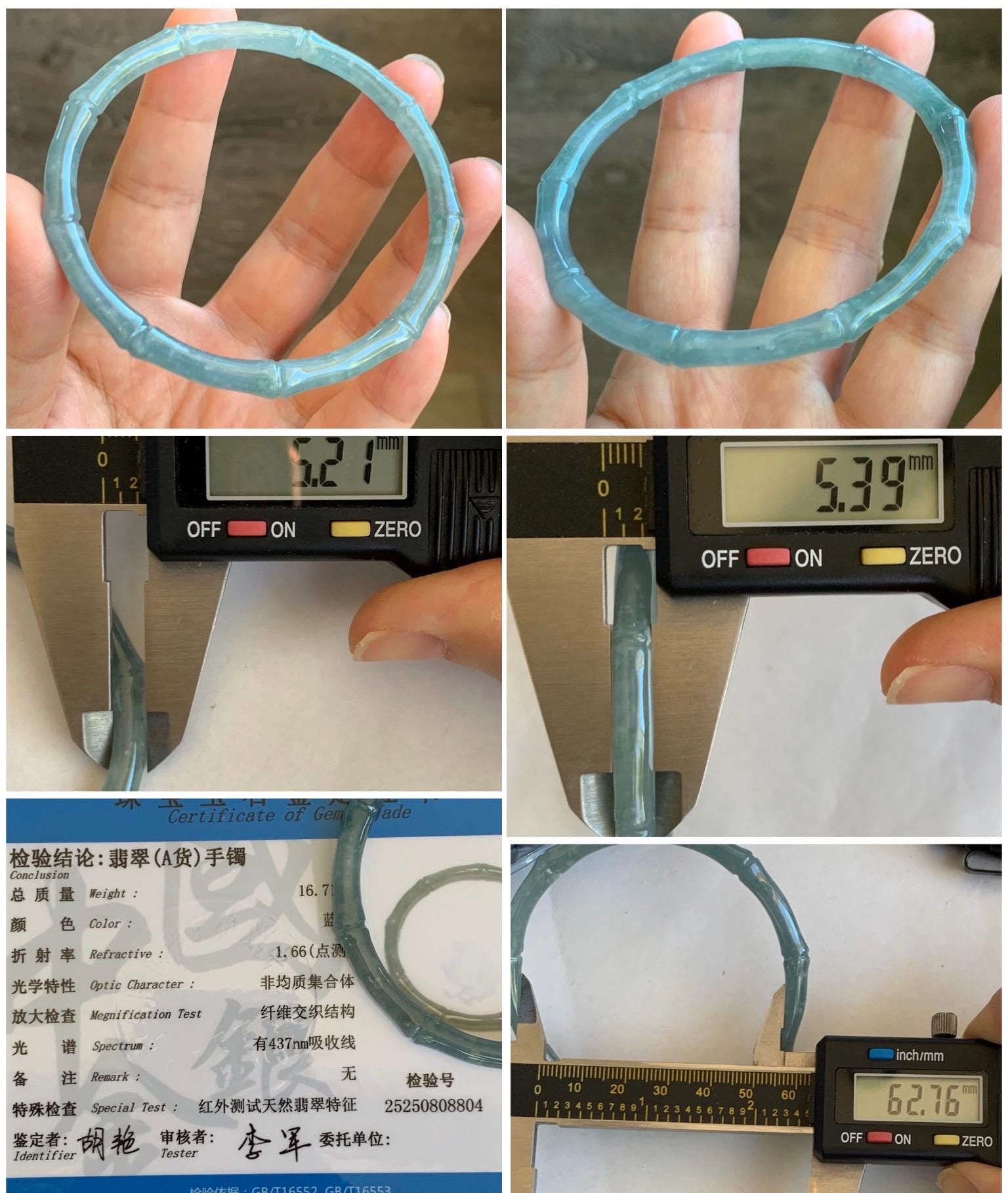 Certified Natural Guatemalan Icy Translucent Gelatinous Pastel Blue Jade Jadeite Carved Bamboo Bangle 62.7mm 7.75” 16.7g 天然冰危淡篮翡翠竹节细手镯 8804