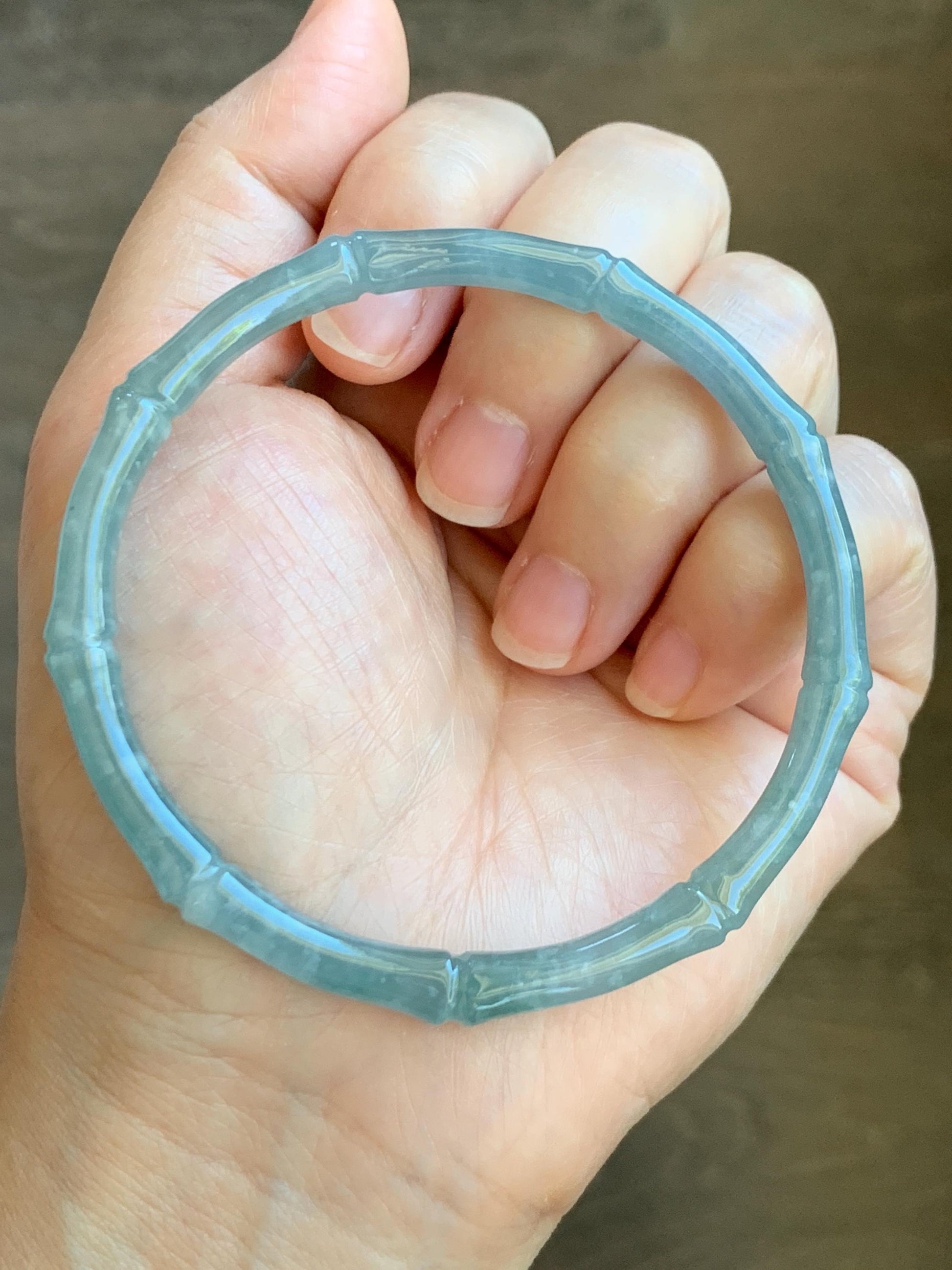 Certified Natural Guatemalan Icy Translucent Gelatinous Pastel Blue Jade Jadeite Carved Bamboo Bangle 62.7mm 7.75” 16.7g 天然冰危淡篮翡翠竹节细手镯 8804