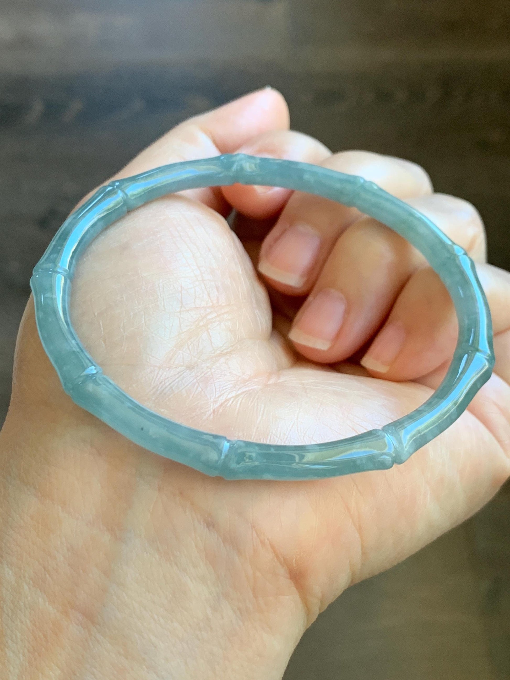 Certified Natural Guatemalan Icy Translucent Gelatinous Pastel Blue Jade Jadeite Carved Bamboo Bangle 62.7mm 7.75” 16.7g 天然冰危淡篮翡翠竹节细手镯 8804