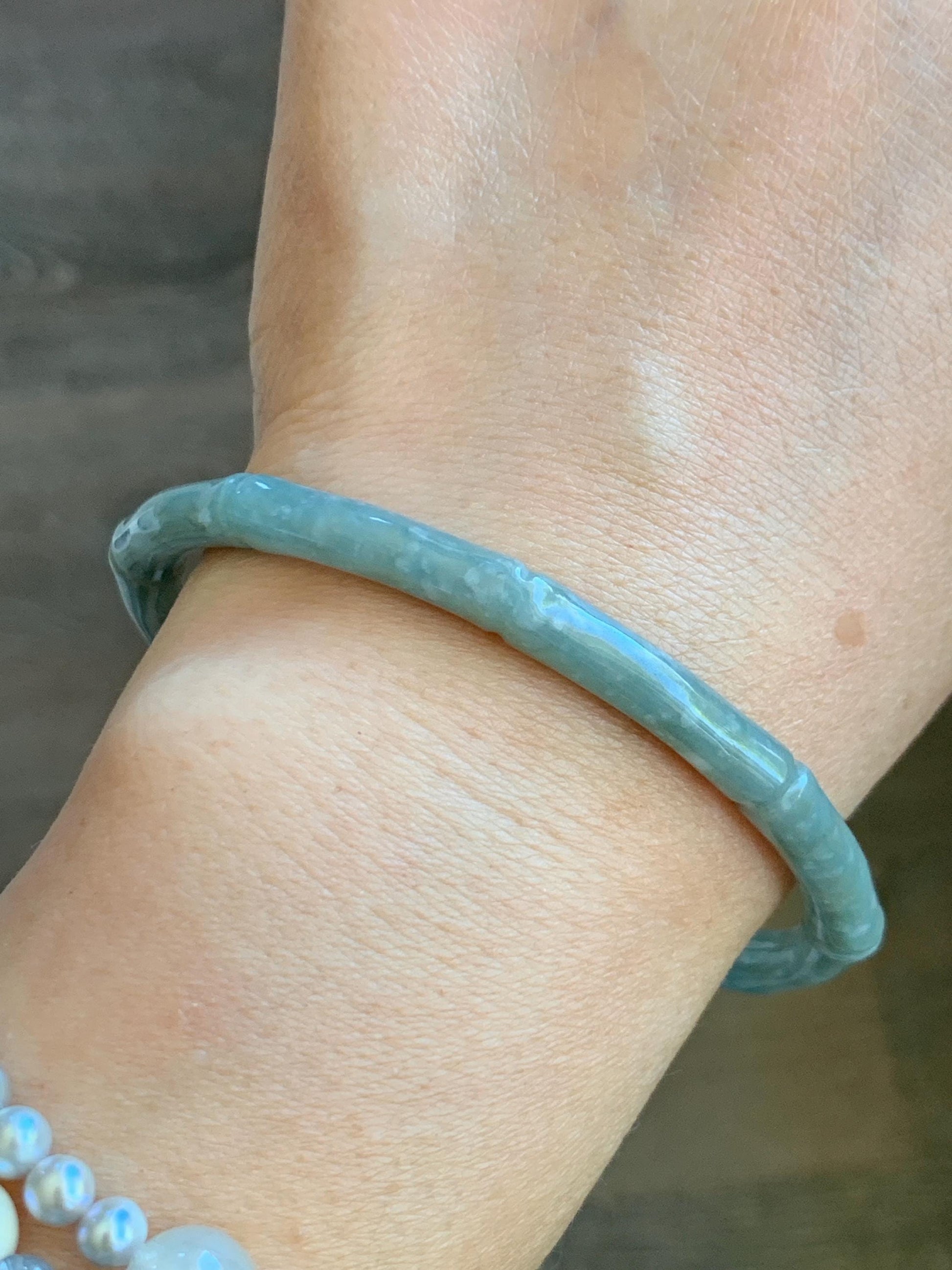 Certified Natural Grade A Guatemalan Icy Translucent Pastel Blue Jade Jadeite Carved Slim Bamboo Bangle 62.7mm 7.75” 17.9g 天然危浅篮翡翠竹节手镯 8797