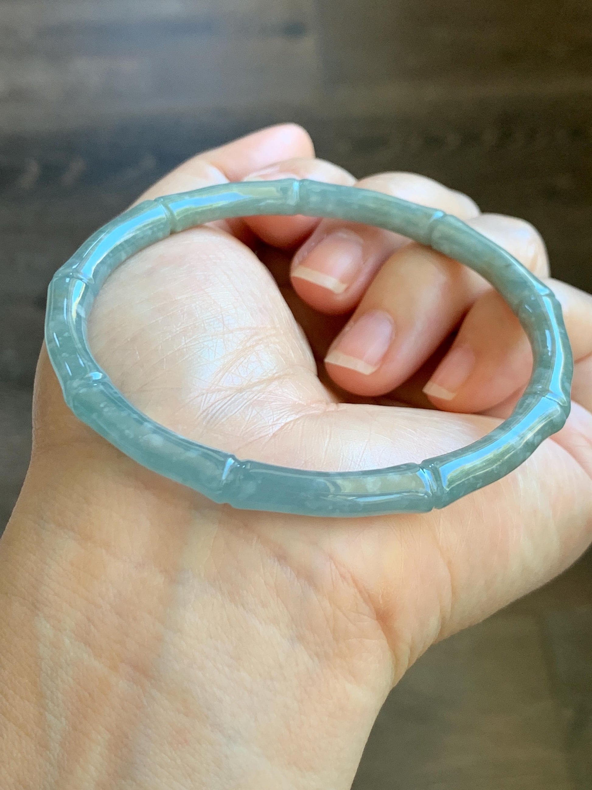 Certified Natural Grade A Guatemalan Icy Translucent Pastel Blue Jade Jadeite Carved Slim Bamboo Bangle 62.7mm 7.75” 17.9g 天然危浅篮翡翠竹节手镯 8797