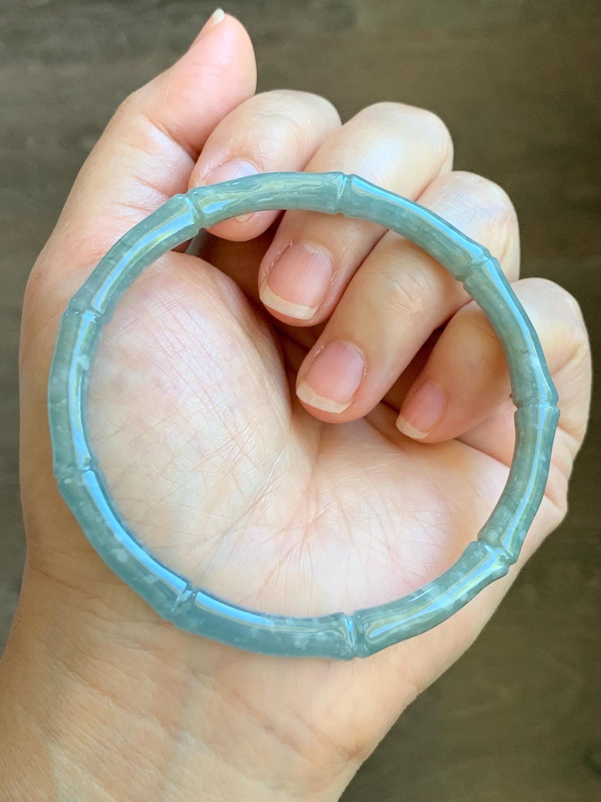 Certified Natural Grade A Guatemalan Icy Translucent Pastel Blue Jade Jadeite Carved Slim Bamboo Bangle 62.7mm 7.75” 17.9g 天然危浅篮翡翠竹节手镯 8797