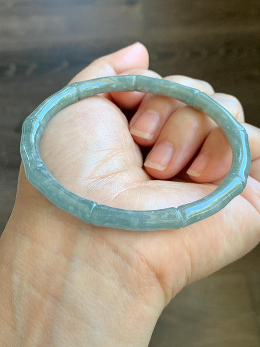 Certified Natural Grade A Guatemalan Icy Translucent Pastel Blue Jade Jadeite Carved Slim Bamboo Bangle 62.54mm 7.7” 19.34g 天然危浅篮翡翠竹节手镯 8798
