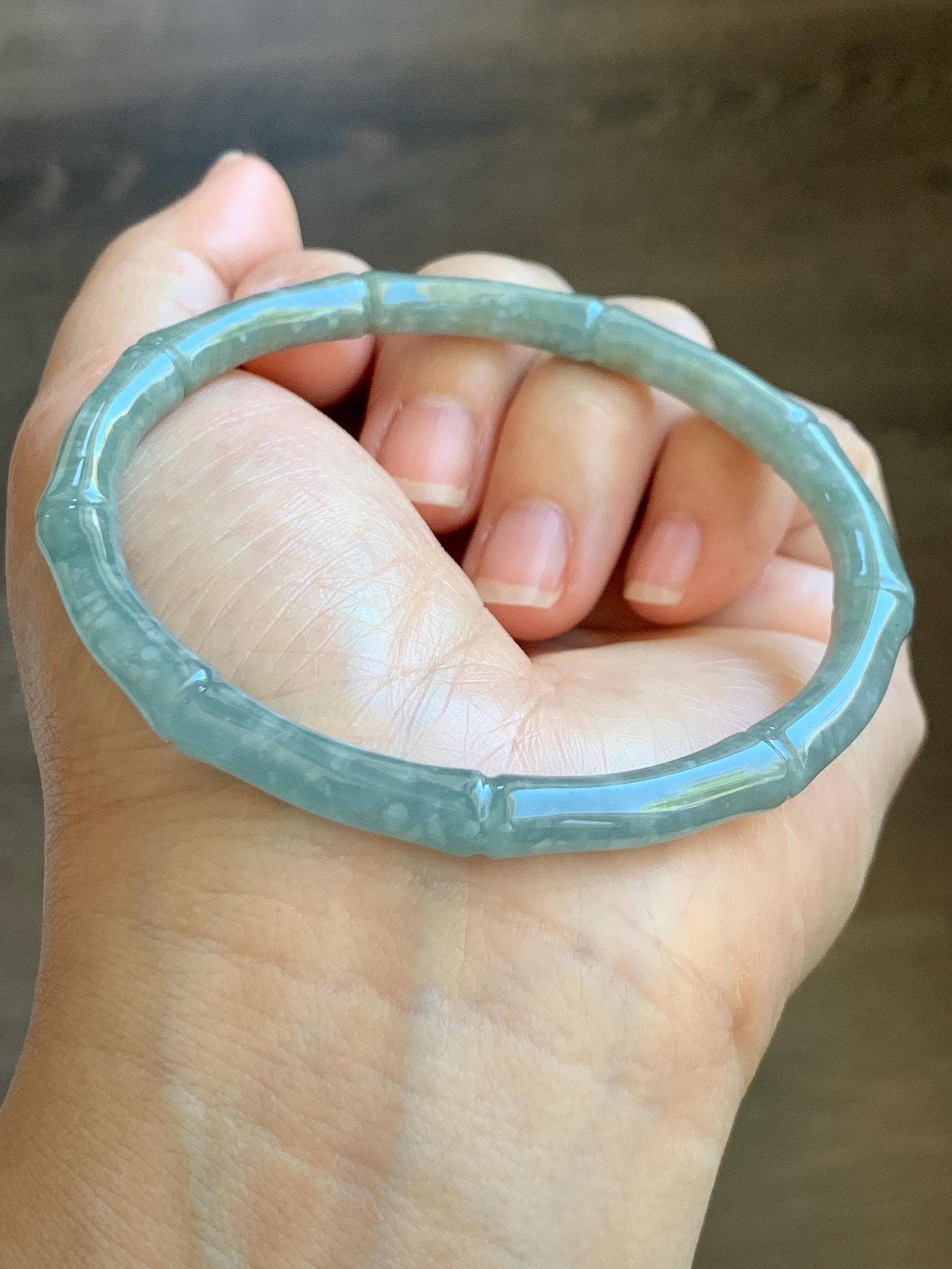 Certified Natural Grade A Guatemalan Icy Translucent Pastel Blue Jade Jadeite Carved Slim Bamboo Bangle 62.54mm 7.7” 19.34g 天然危浅篮翡翠竹节手镯 8798