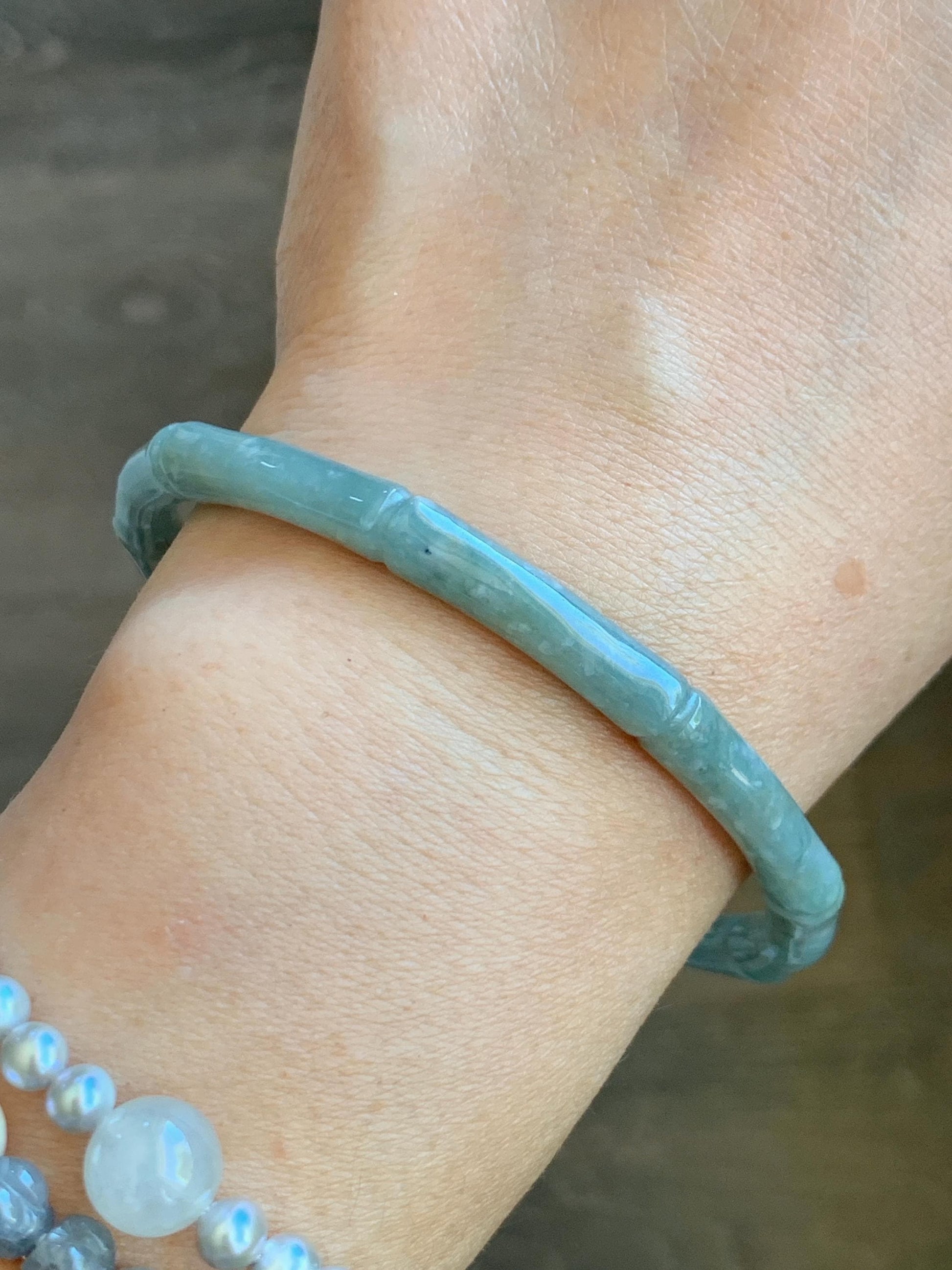 Certified Natural Grade A Guatemalan Icy Translucent Pastel Blue Jade Jadeite Carved Slim Bamboo Bangle 62.54mm 7.7” 19.34g 天然危浅篮翡翠竹节手镯 8798