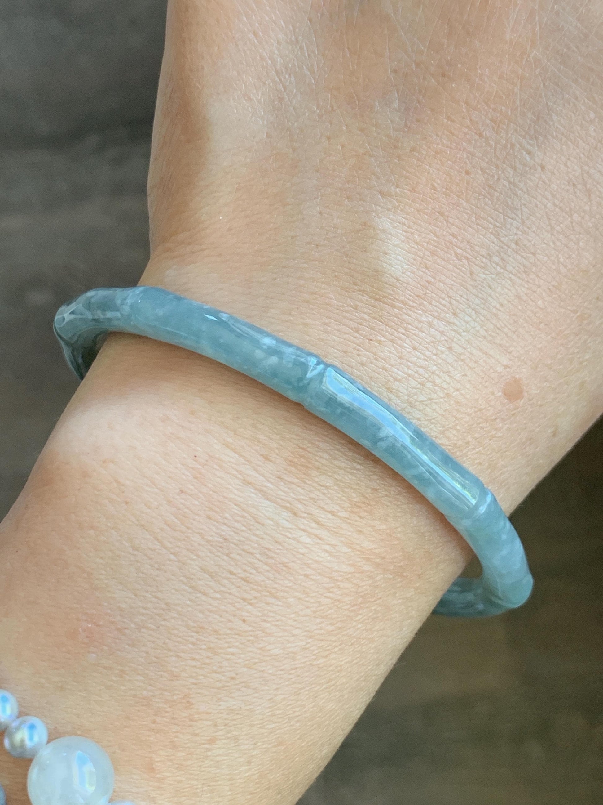 Certified Natural Grade A Guatemalan Icy Translucent Pastel Blue Jade Jadeite Carved Slim Bamboo Bangle 62.54mm 7.7” 19.34g 天然危浅篮翡翠竹节手镯 8798