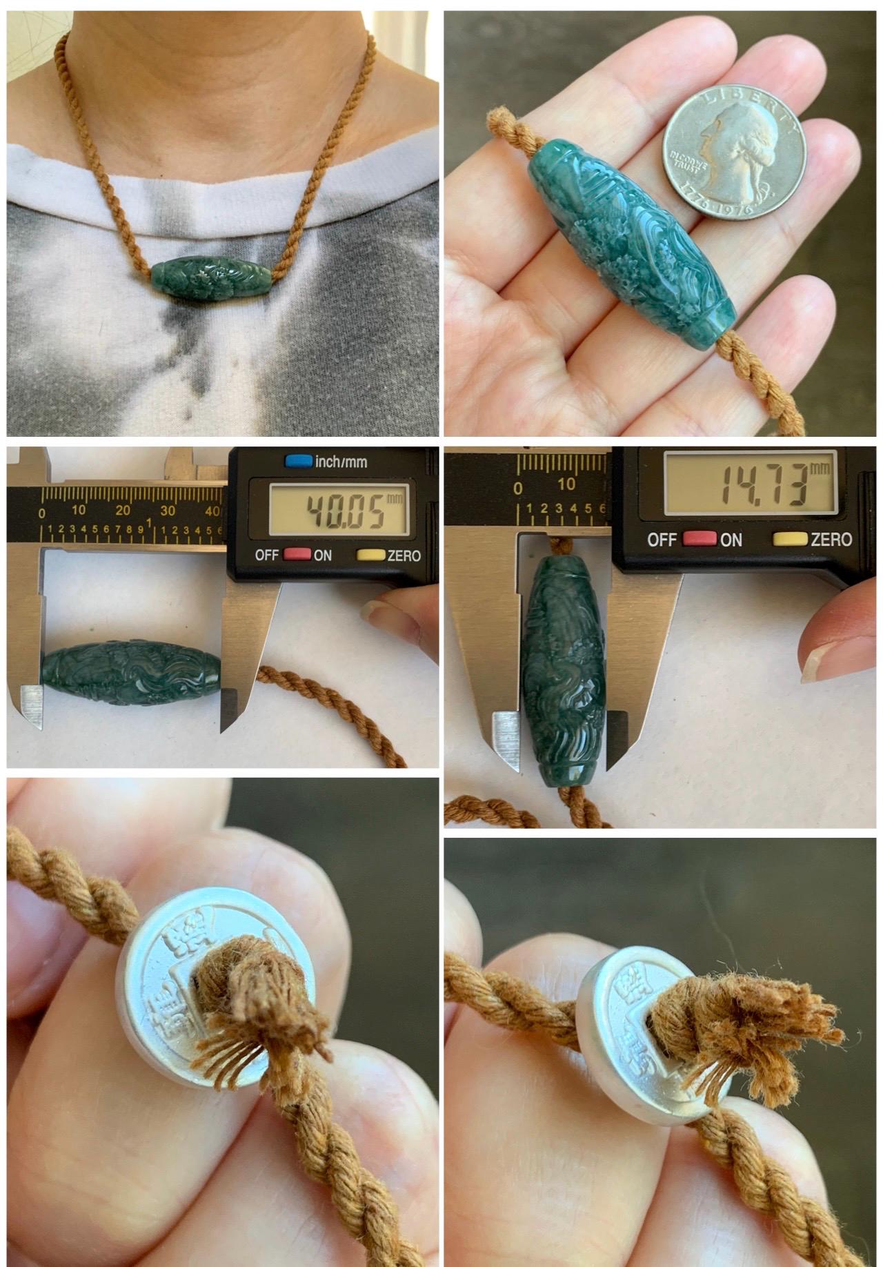 Natural Grade A Guatemalan Icy Translucent Dark Teal Jade Jadeite Engraved Shan Shui Barrel Bead Rope Necklace 19” 天然冰危蓝绿翡翠山水桶珠吊坠 SSHZ-A