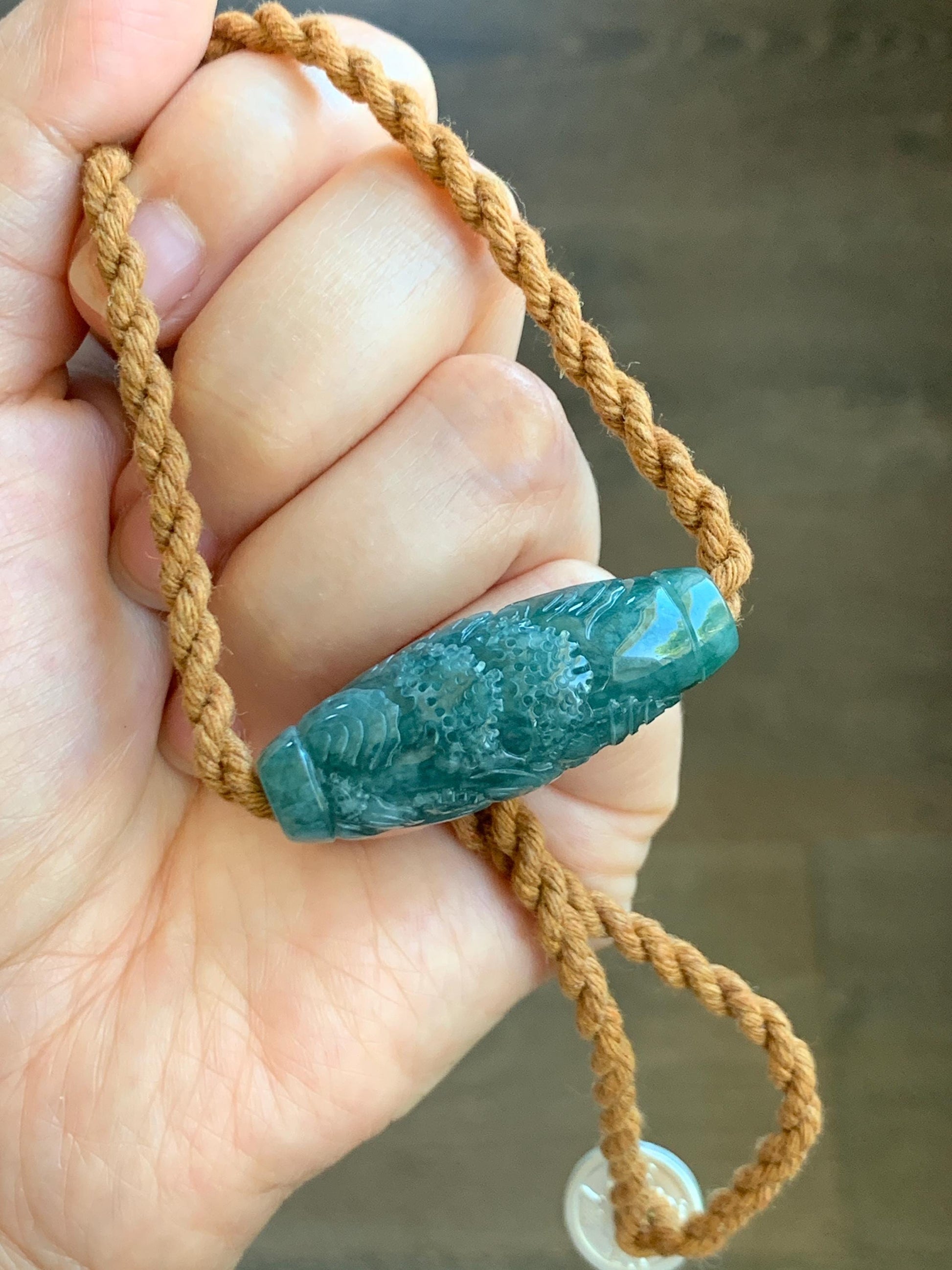 Natural Grade A Guatemalan Icy Translucent Dark Teal Jade Jadeite Engraved Shan Shui Barrel Bead Rope Necklace 19” 天然冰危蓝绿翡翠山水桶珠吊坠 SSHZ-A