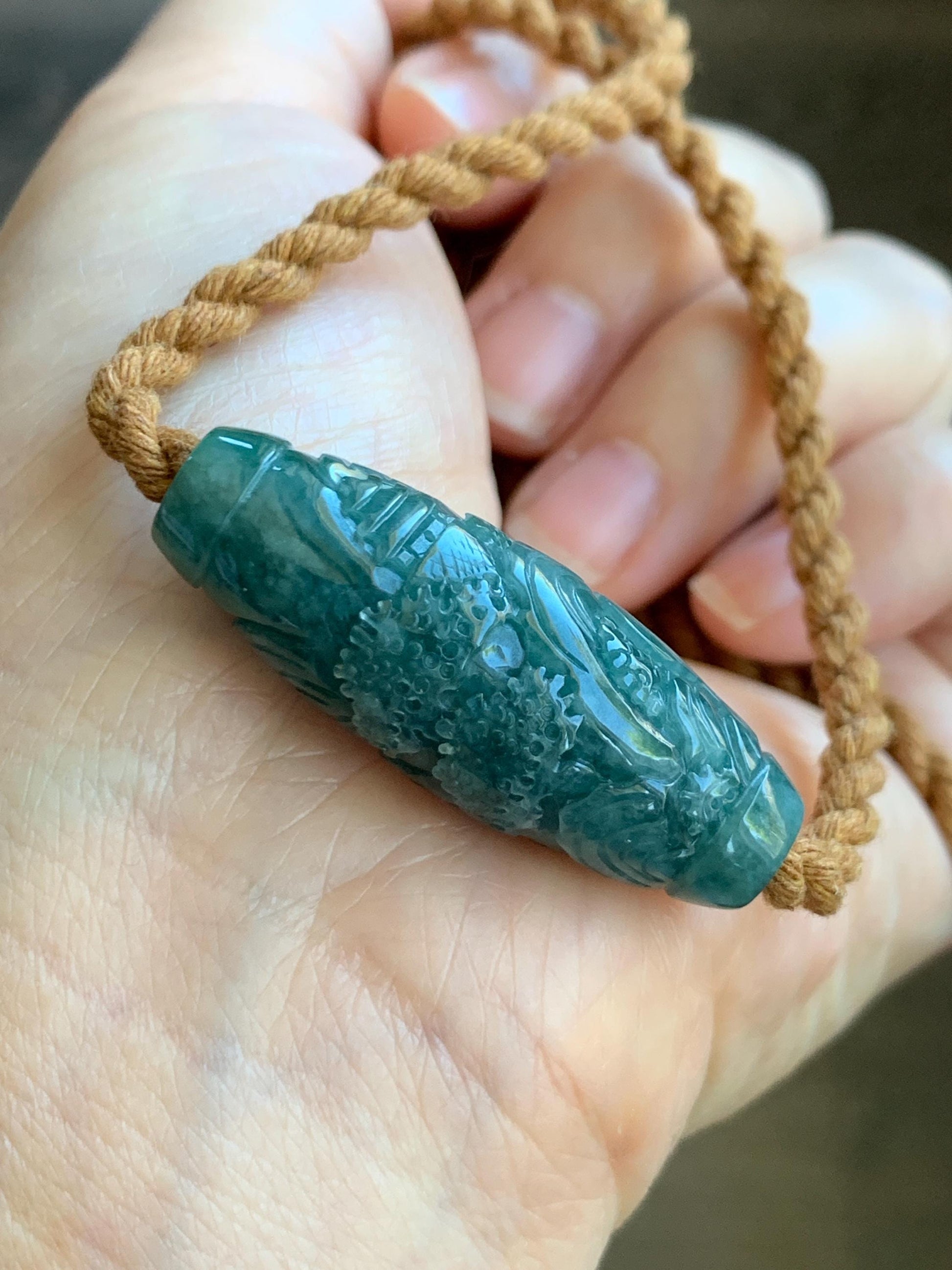 Natural Grade A Guatemalan Icy Translucent Dark Teal Jade Jadeite Engraved Shan Shui Barrel Bead Rope Necklace 19” 天然冰危蓝绿翡翠山水桶珠吊坠 SSHZ-A