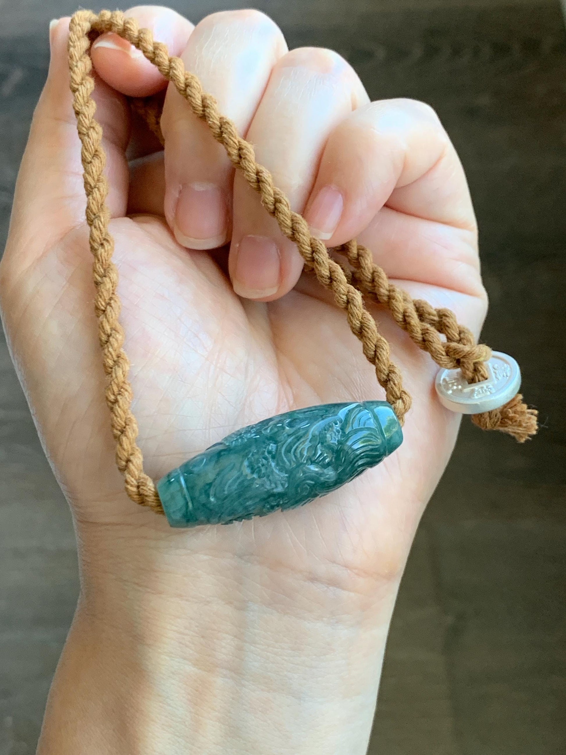 Natural Grade A Guatemalan Icy Translucent Dark Teal Jade Jadeite Engraved Shan Shui Barrel Bead Rope Necklace 19” 天然冰危蓝绿翡翠山水桶珠吊坠 SSHZ-A