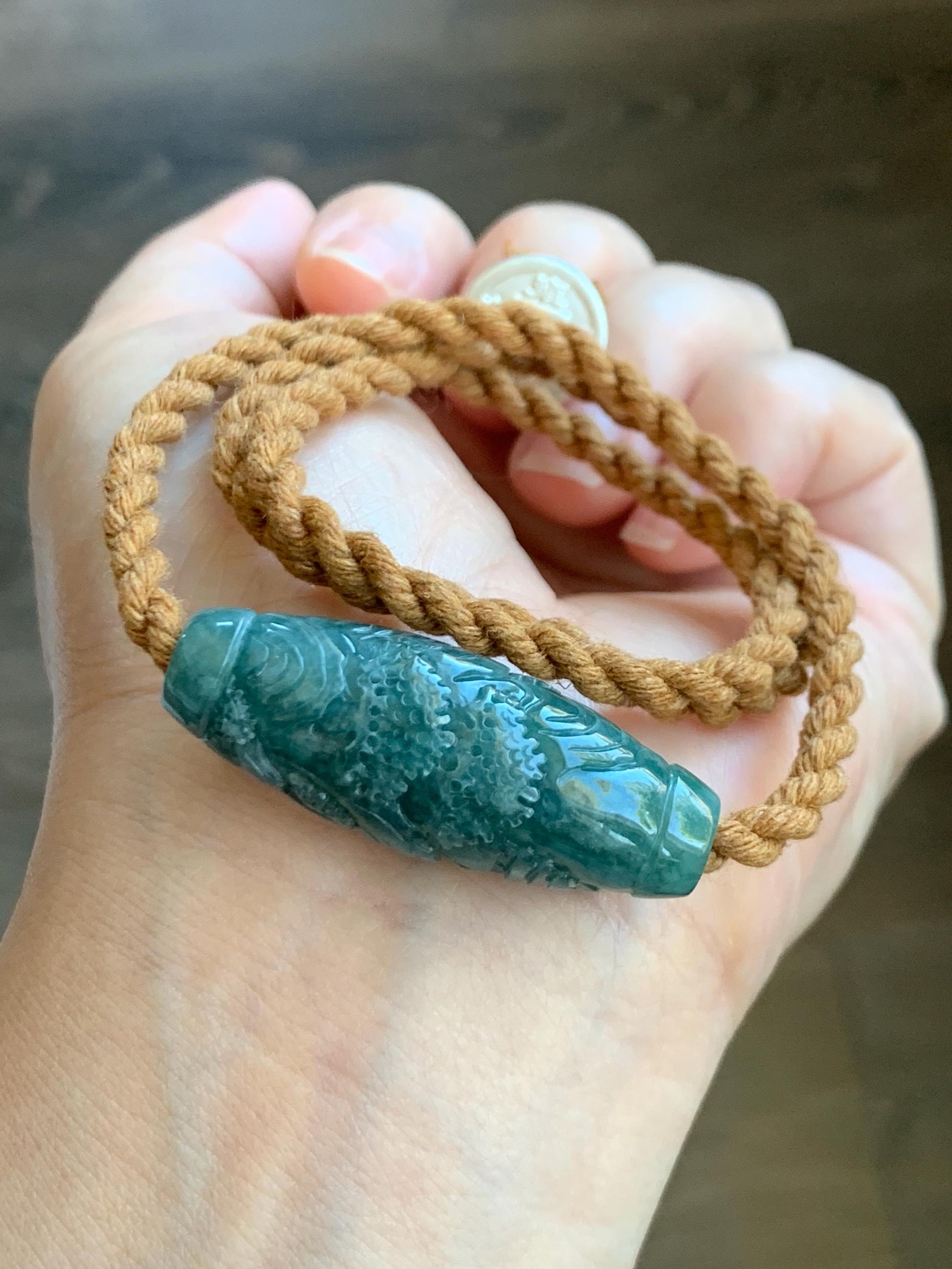 Natural Grade A Guatemalan Icy Translucent Dark Teal Jade Jadeite Engraved Shan Shui Barrel Bead Rope Necklace 19” 天然冰危蓝绿翡翠山水桶珠吊坠 SSHZ-A