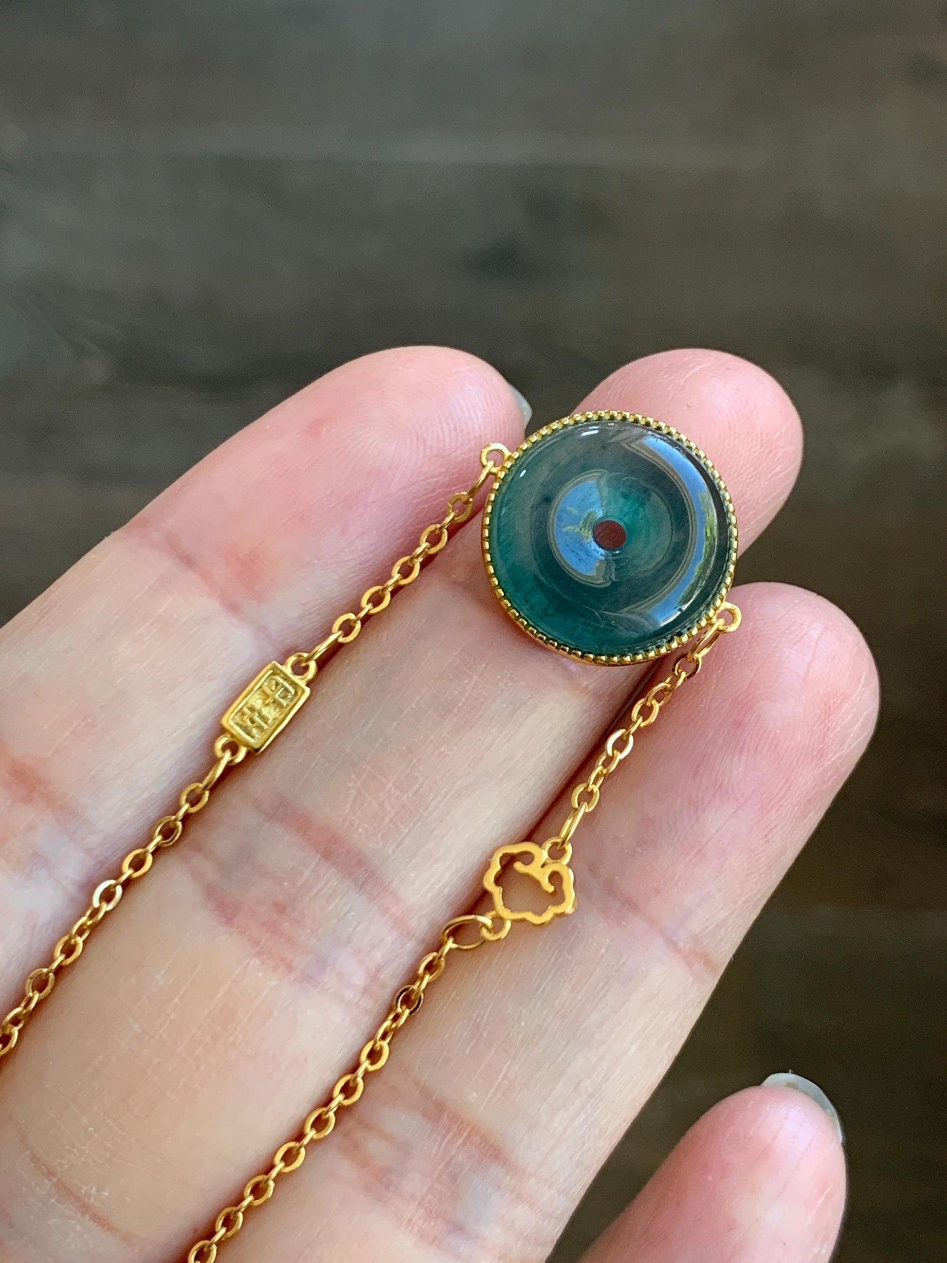 Natural Grade A Guatemalan Icy Translucent Dark Teal Blue Jade Jadeite Ping An Kou Donut Chain Bracelet Sterling Silver 天然冰危蓝绿翡翠平安扣银手链 PAK96