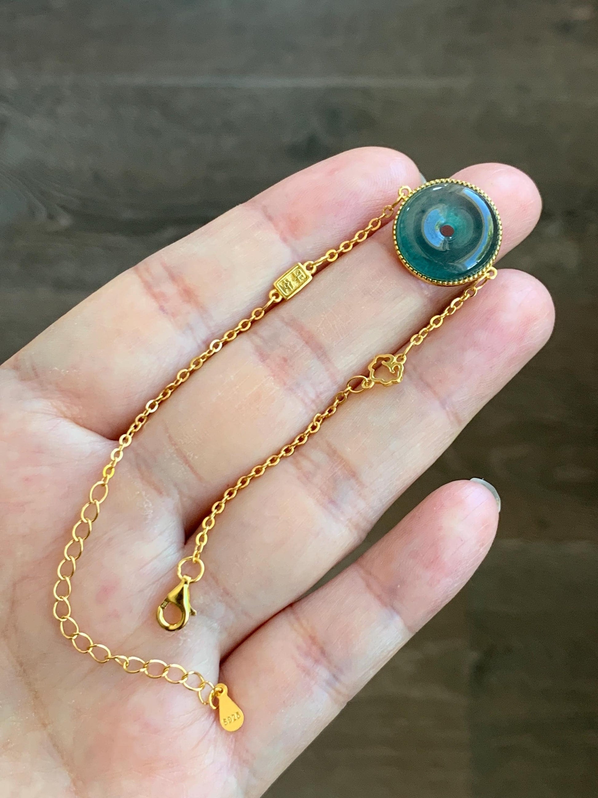 Natural Grade A Guatemalan Icy Translucent Dark Teal Blue Jade Jadeite Ping An Kou Donut Chain Bracelet Sterling Silver 天然冰危蓝绿翡翠平安扣银手链 PAK96