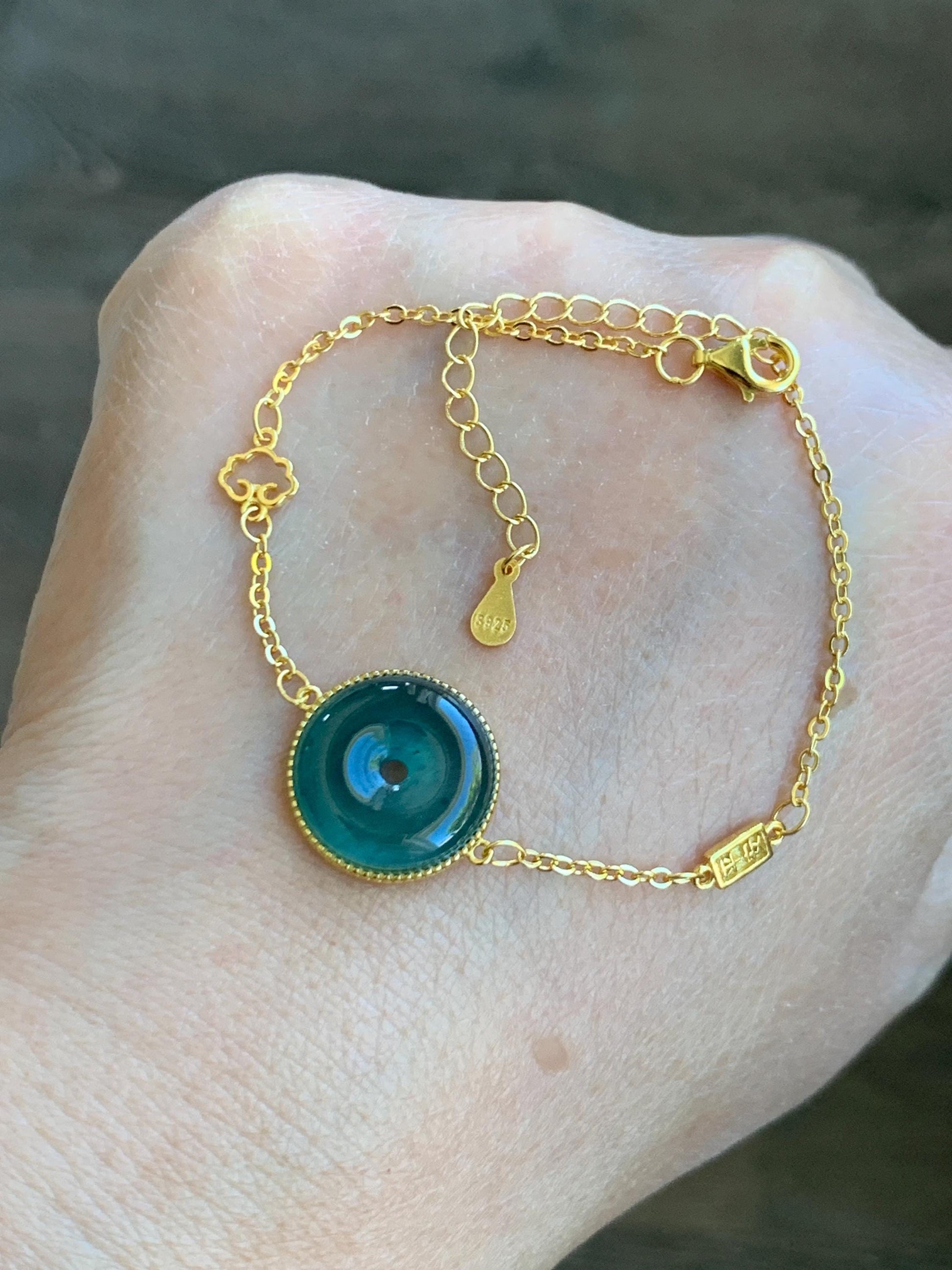 Natural Grade A Guatemalan Icy Translucent Dark Teal Blue Jade Jadeite Ping An Kou Donut Chain Bracelet Sterling Silver 天然冰危蓝绿翡翠平安扣银手链 PAK96