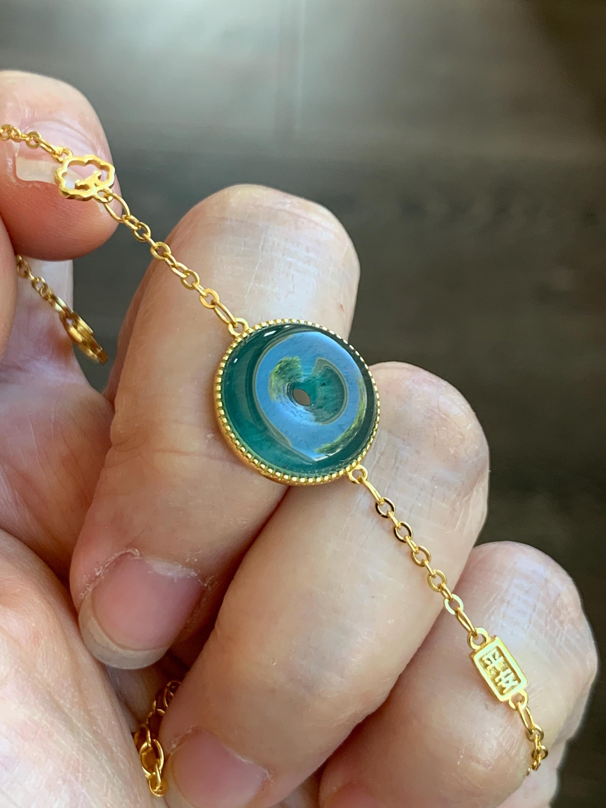 Natural Grade A Guatemalan Icy Translucent Dark Teal Blue Jade Jadeite Ping An Kou Donut Chain Bracelet Sterling Silver 天然冰危蓝绿翡翠平安扣银手链 PAK96