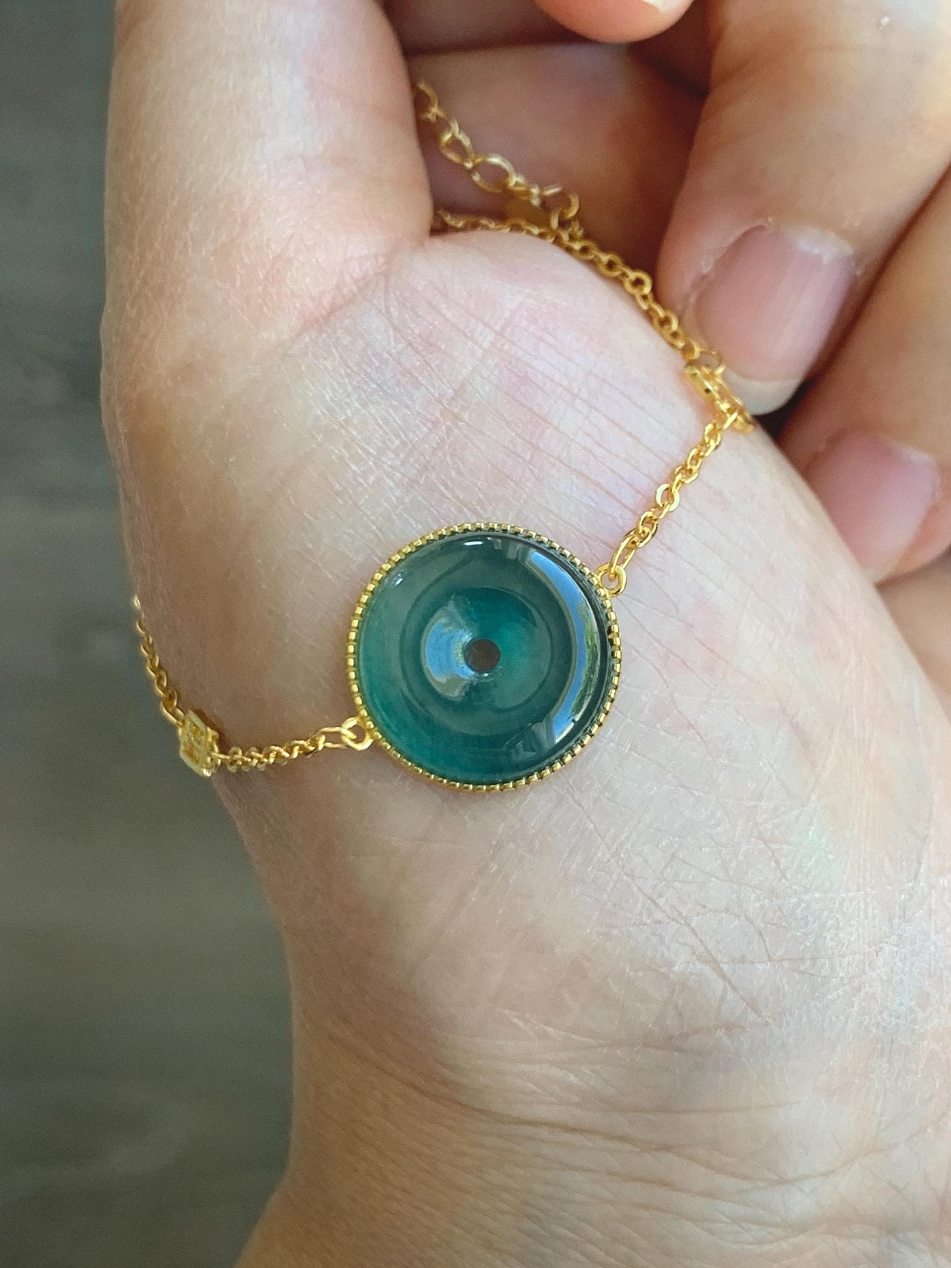 Natural Grade A Guatemalan Icy Translucent Dark Teal Blue Jade Jadeite Ping An Kou Donut Chain Bracelet Sterling Silver 天然冰危蓝绿翡翠平安扣银手链 PAK96