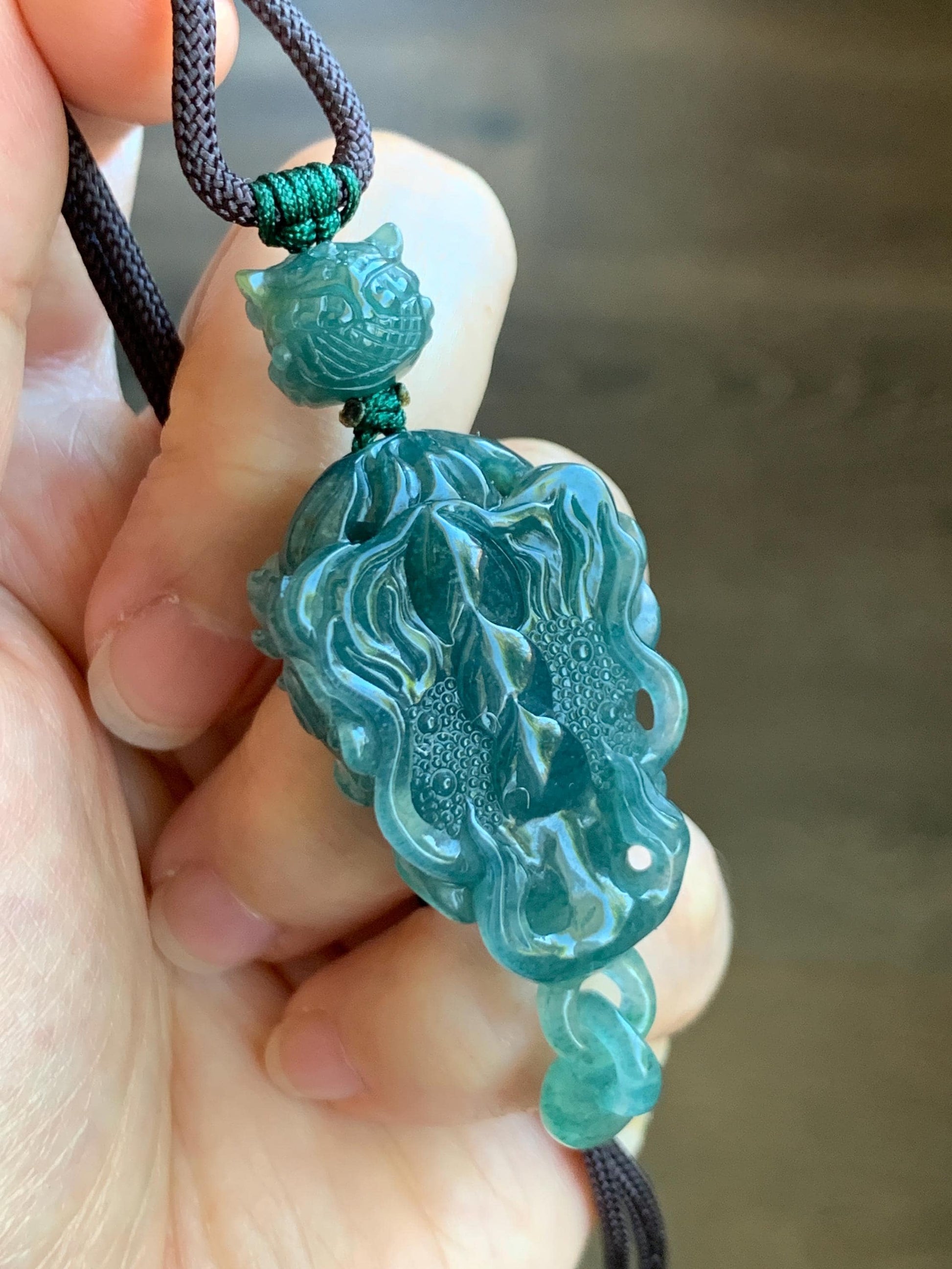 Certified Natural Guatemalan Icy Translucent Dark Teal Blue Jade Jadeite Dragon Wu Dao Pendant Rope Necklace 27" 22g 天然冰危深蓝翡翠精工龙头吾道吊坠 9467