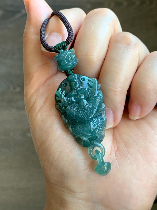 Certified Natural Guatemalan Icy Translucent Dark Teal Blue Jade Jadeite Dragon Wu Dao Pendant Rope Necklace 27" 22g 天然冰危深蓝翡翠精工龙头吾道吊坠 9467